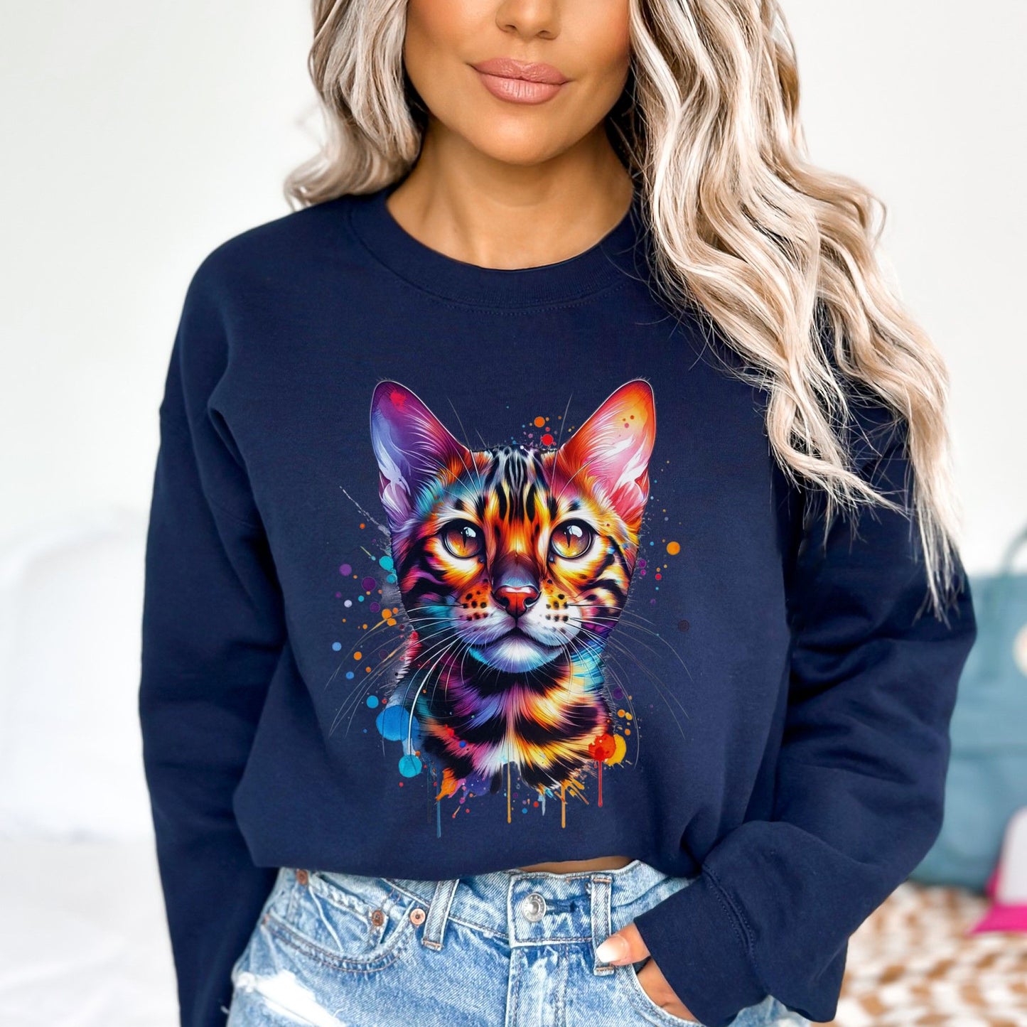 Bengal Cat Color Splash Unisex Sweatshirt Black Navy Dark Heather-Navy-Family-Gift-Planet