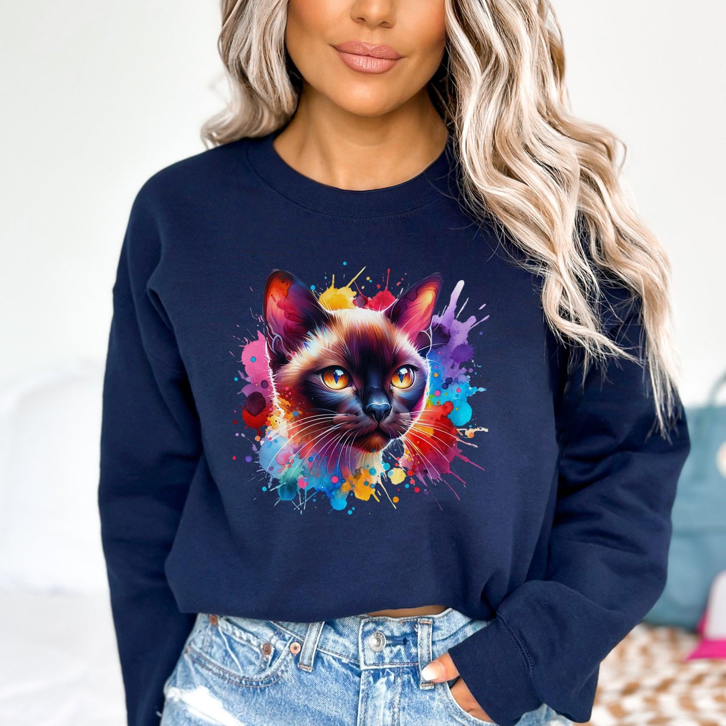 Burmese Cat Color Splash Unisex Sweatshirt Black Navy Dark Heather-Navy-Family-Gift-Planet