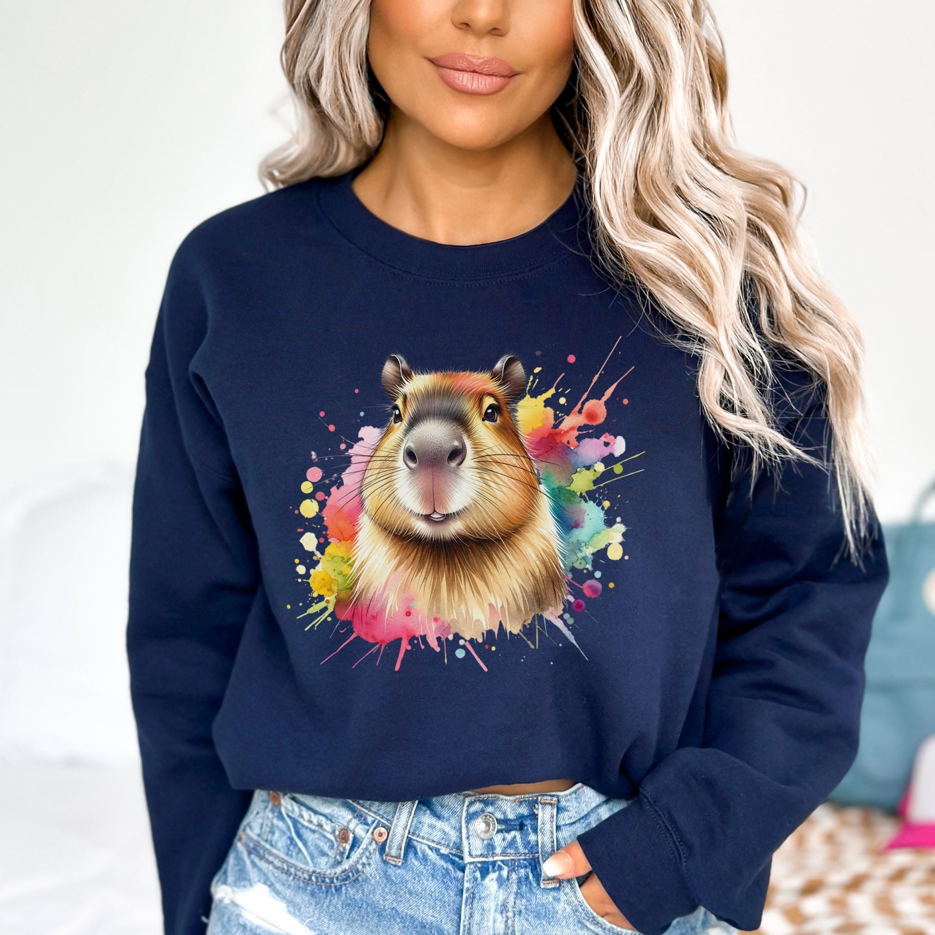 Capybara Color Splash Unisex Sweatshirt Black Navy Dark Heather-Navy-Family-Gift-Planet