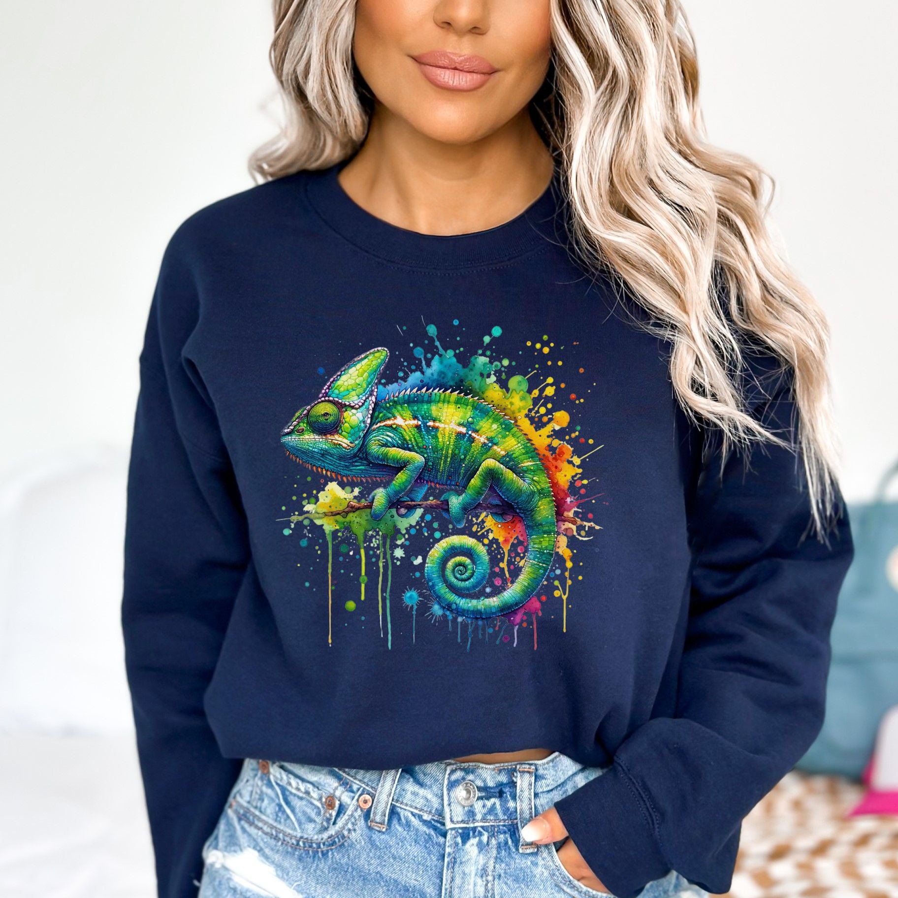 Chameleon Mama Color Splash Unisex Sweatshirt Black Navy Dark Heather-Navy-Family-Gift-Planet