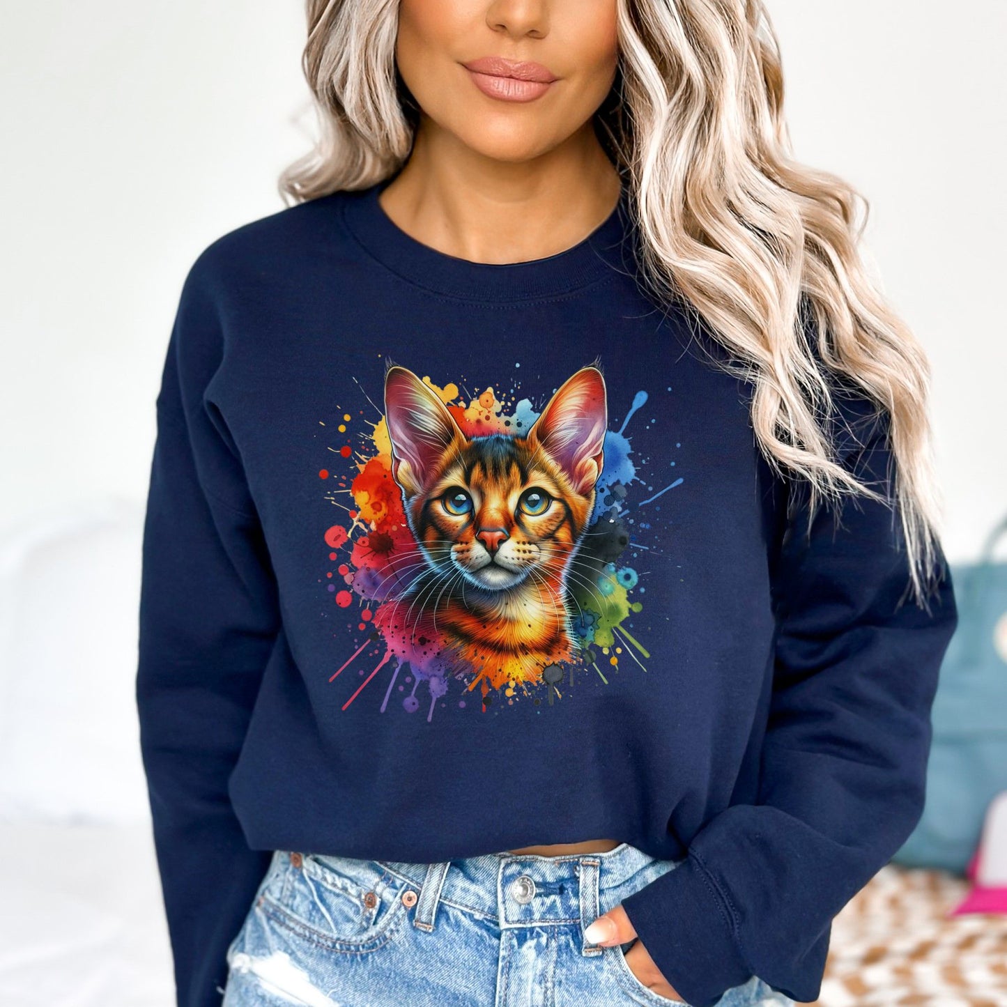 Chausie Cat Color Splash Unisex Sweatshirt Black Navy Dark Heather-Navy-Family-Gift-Planet