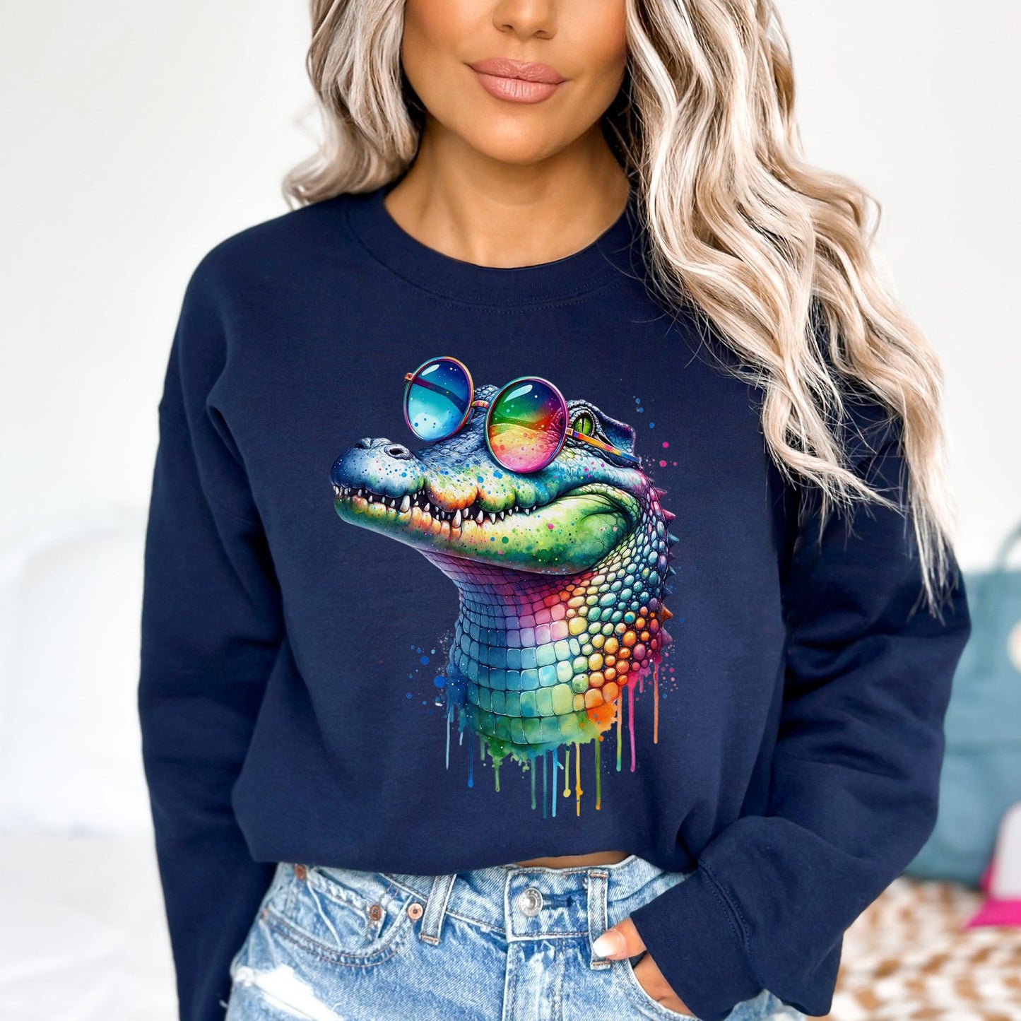 Cool crocodile with eyeglasses Color Splash Unisex Sweatshirt-Family-Gift-Planet