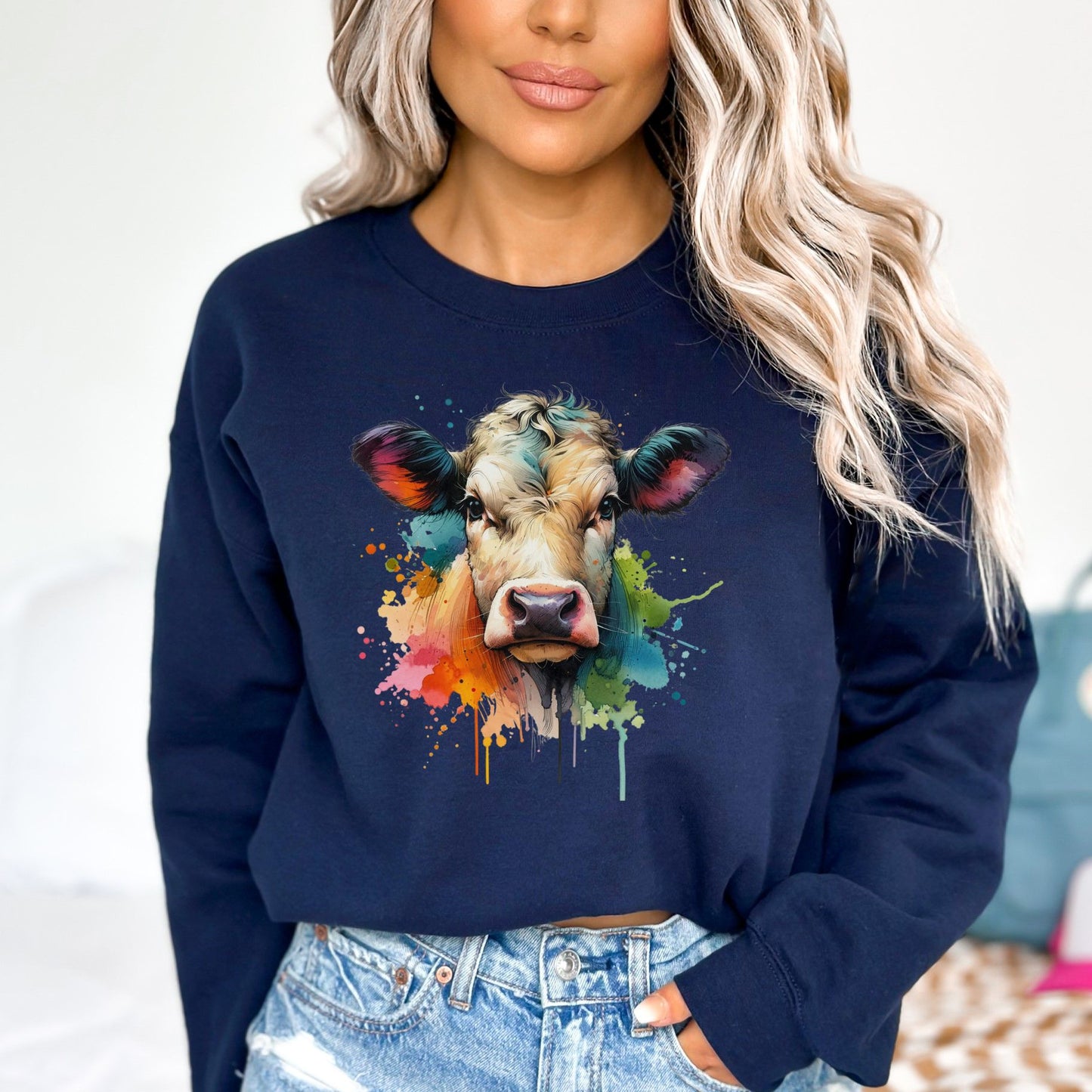 Cow Color Splash Unisex Sweatshirt Black Navy Dark Heather-Navy-Family-Gift-Planet