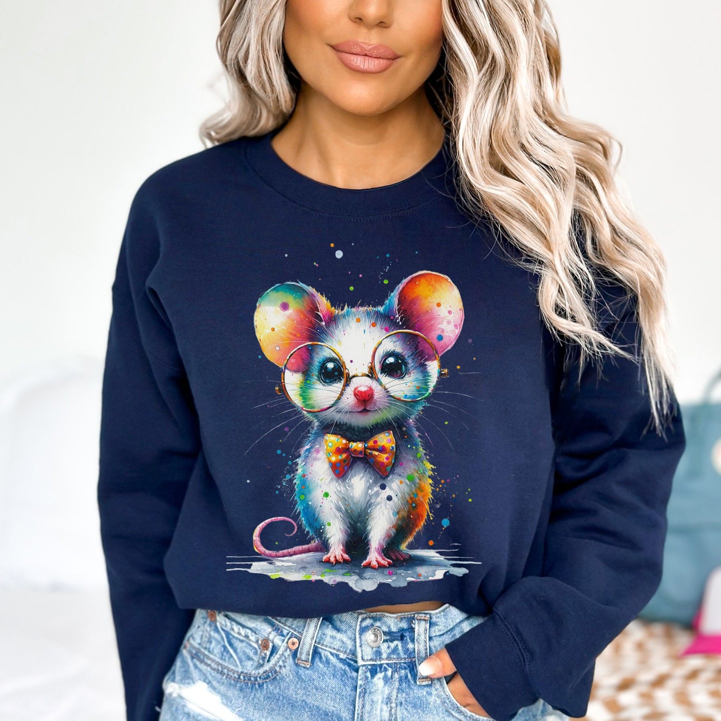 Cute inteligent mouse with glasses Color Splash Unisex Sweatshirt-Navy-Family-Gift-Planet