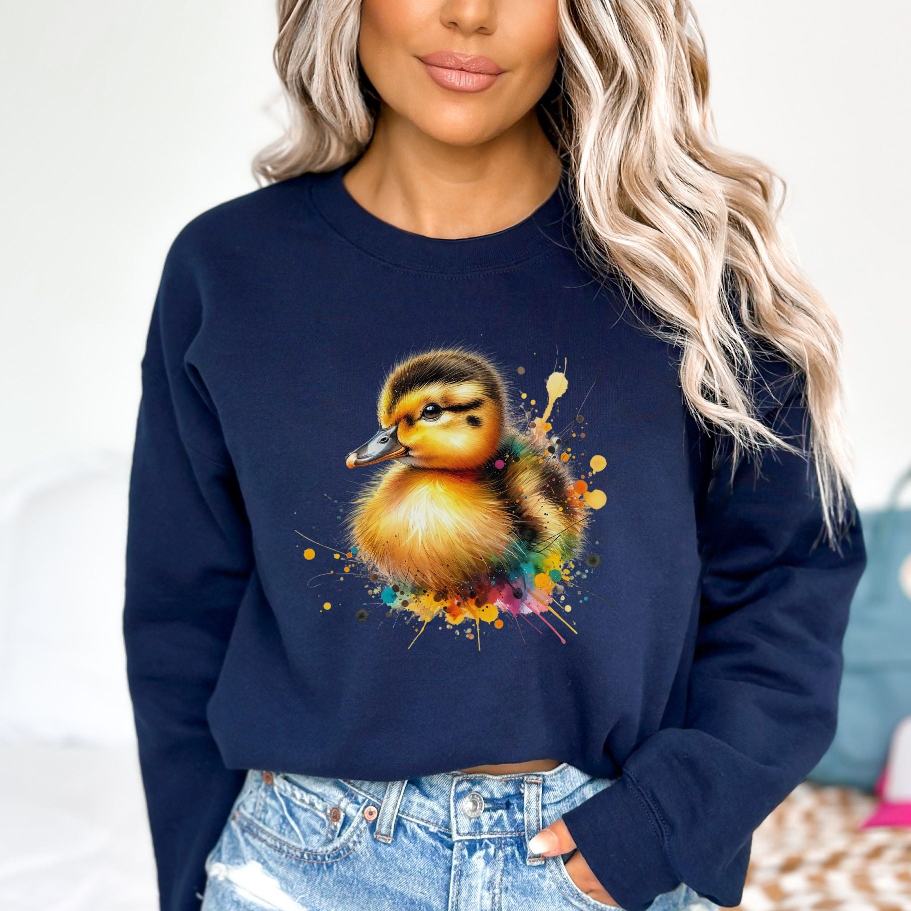 Artistic Duckling Color Splash Unisex Sweatshirt baby duck Black Navy Dark Heather-Family-Gift-Planet