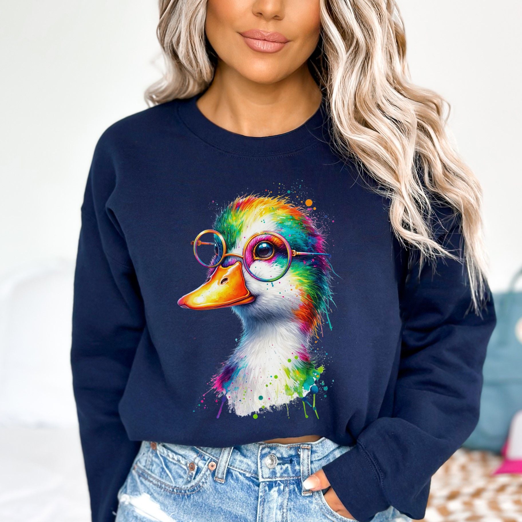 Duck with Eyeglasses Color Splash Unisex Sweatshirt Black Navy Dark Heather-Family-Gift-Planet