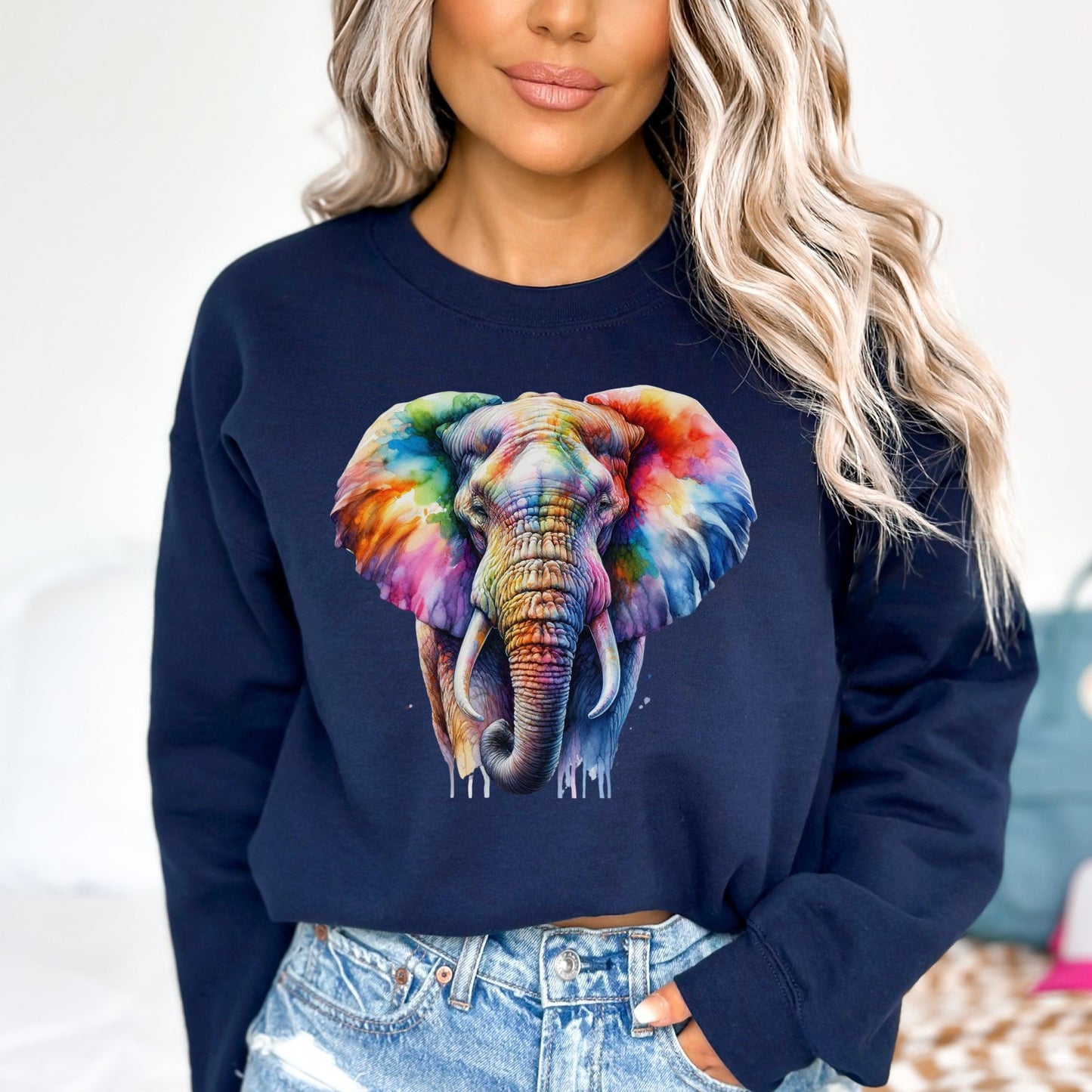 Artistic Elephant Color Splash Unisex Sweatshirt Black Navy Dark Heather-Family-Gift-Planet
