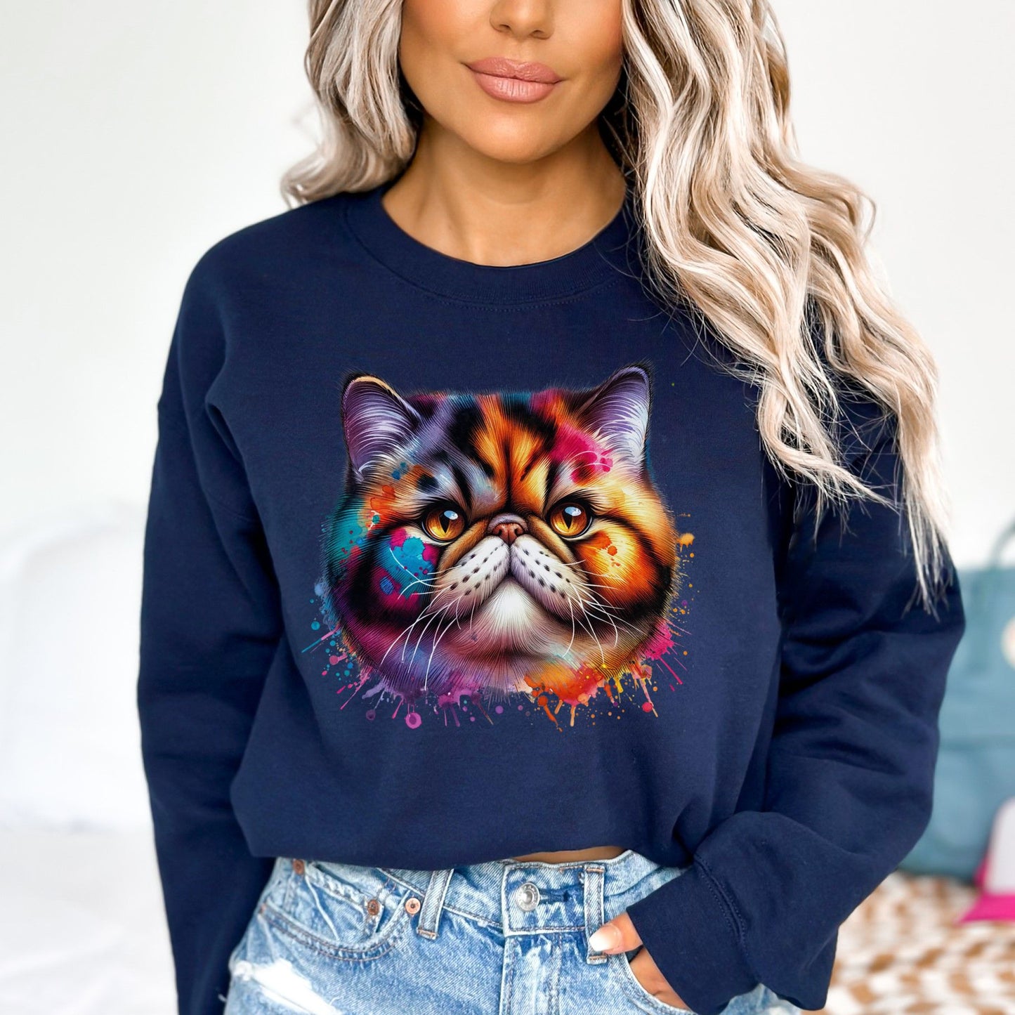 Exotic Shorthair Cat Color Splash Unisex Sweatshirt Black Navy Dark Heather-Navy-Family-Gift-Planet