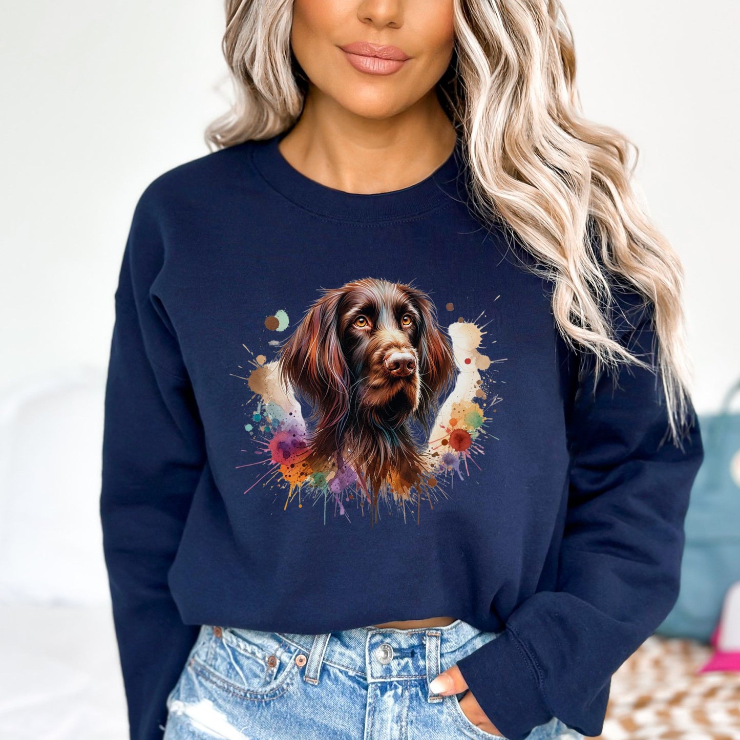 Artistic German Longhaired Pointer Color Splash Unisex Sweatshirt Black Navy Dark Heather-Family-Gift-Planet