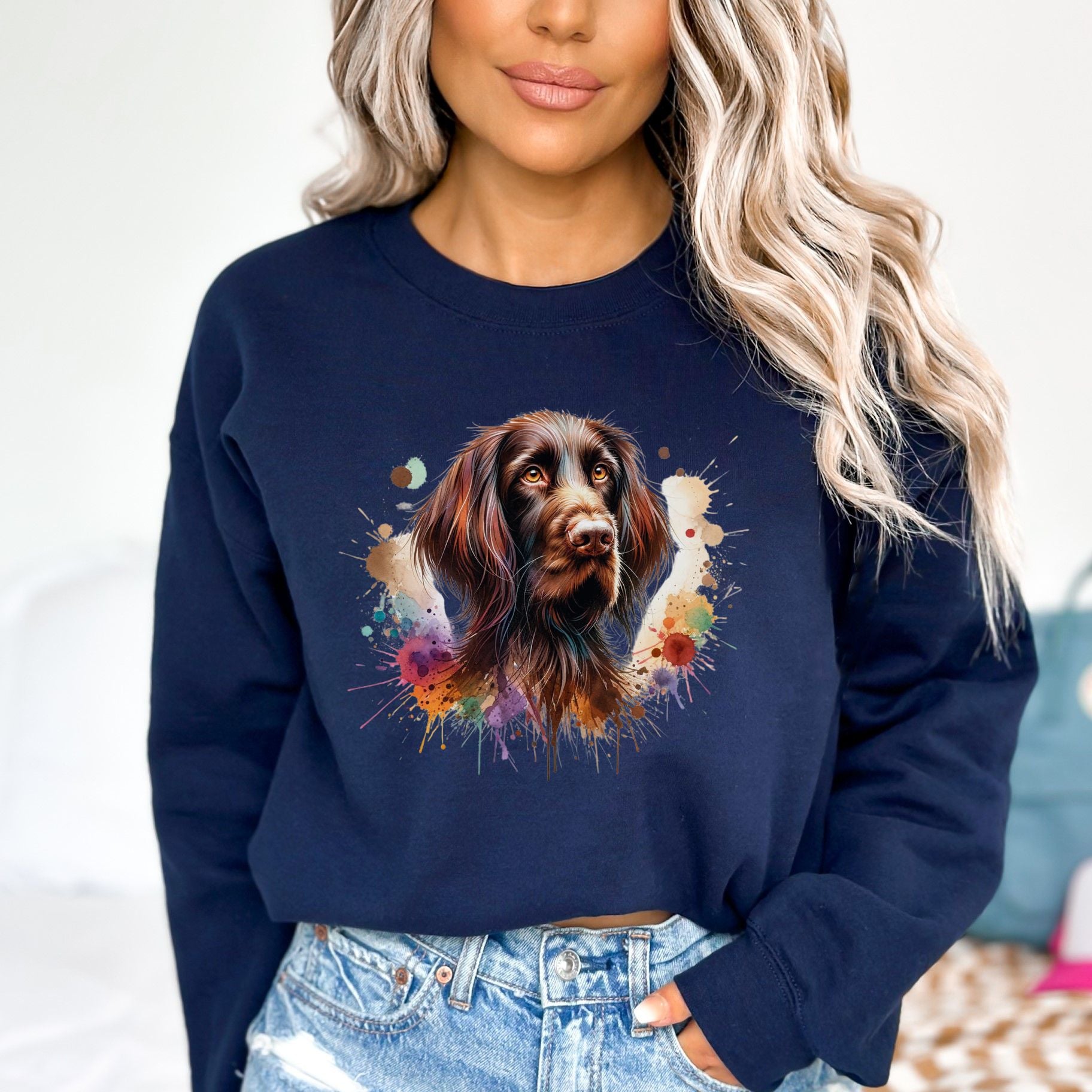 Artistic German Longhaired Pointer Color Splash Unisex Sweatshirt Black Navy Dark Heather-Family-Gift-Planet