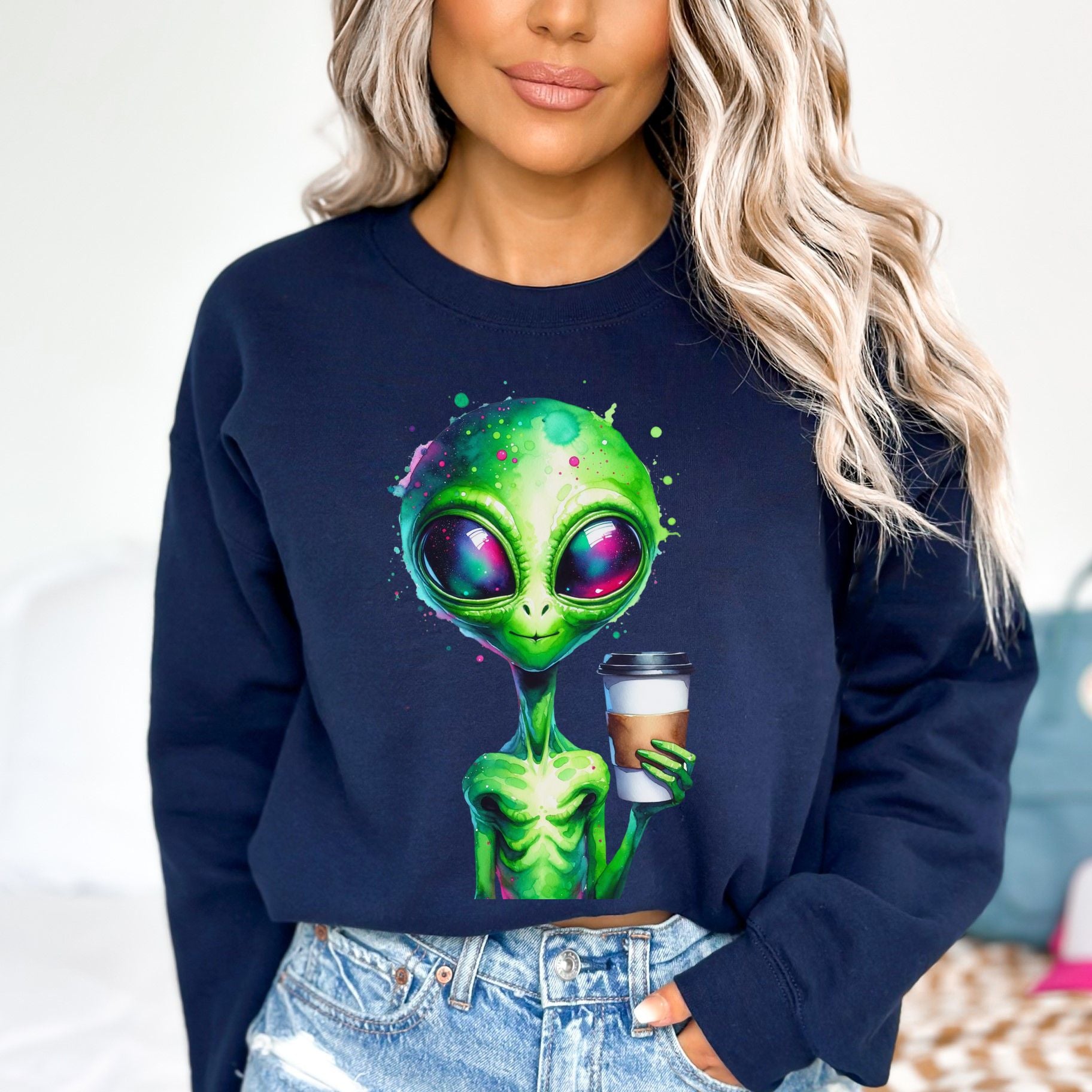 Green alien with tall coffee Color Splash Unisex Sweatshirt Black Navy Dark Heather-Navy-Family-Gift-Planet