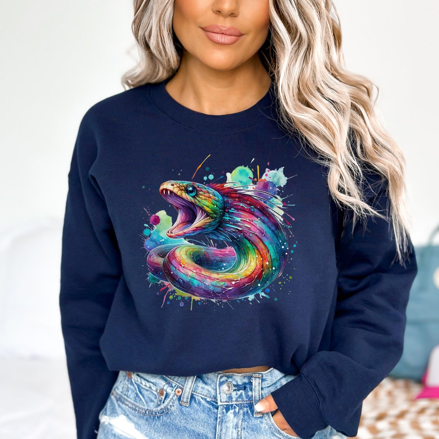 Artistic Gulper Eel Color Splash Unisex Sweatshirt Black Navy Dark Heather-Navy-Family-Gift-Planet