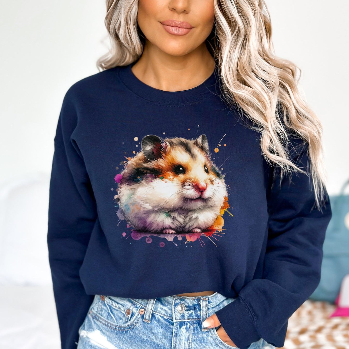 Hamster Color Splash Unisex Sweatshirt Black Navy Dark Heather-Navy-Family-Gift-Planet