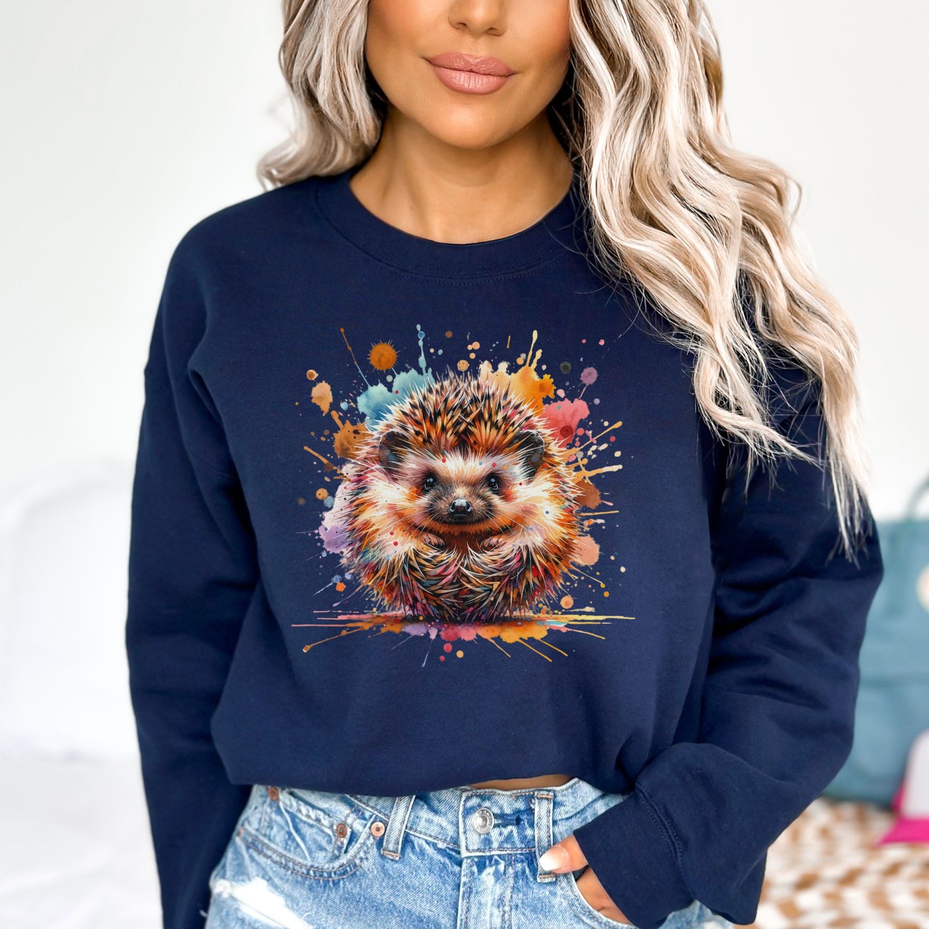 Artistic Hedgehog Color Splash Unisex Sweatshirt Black Navy Dark Heather-Navy-Family-Gift-Planet