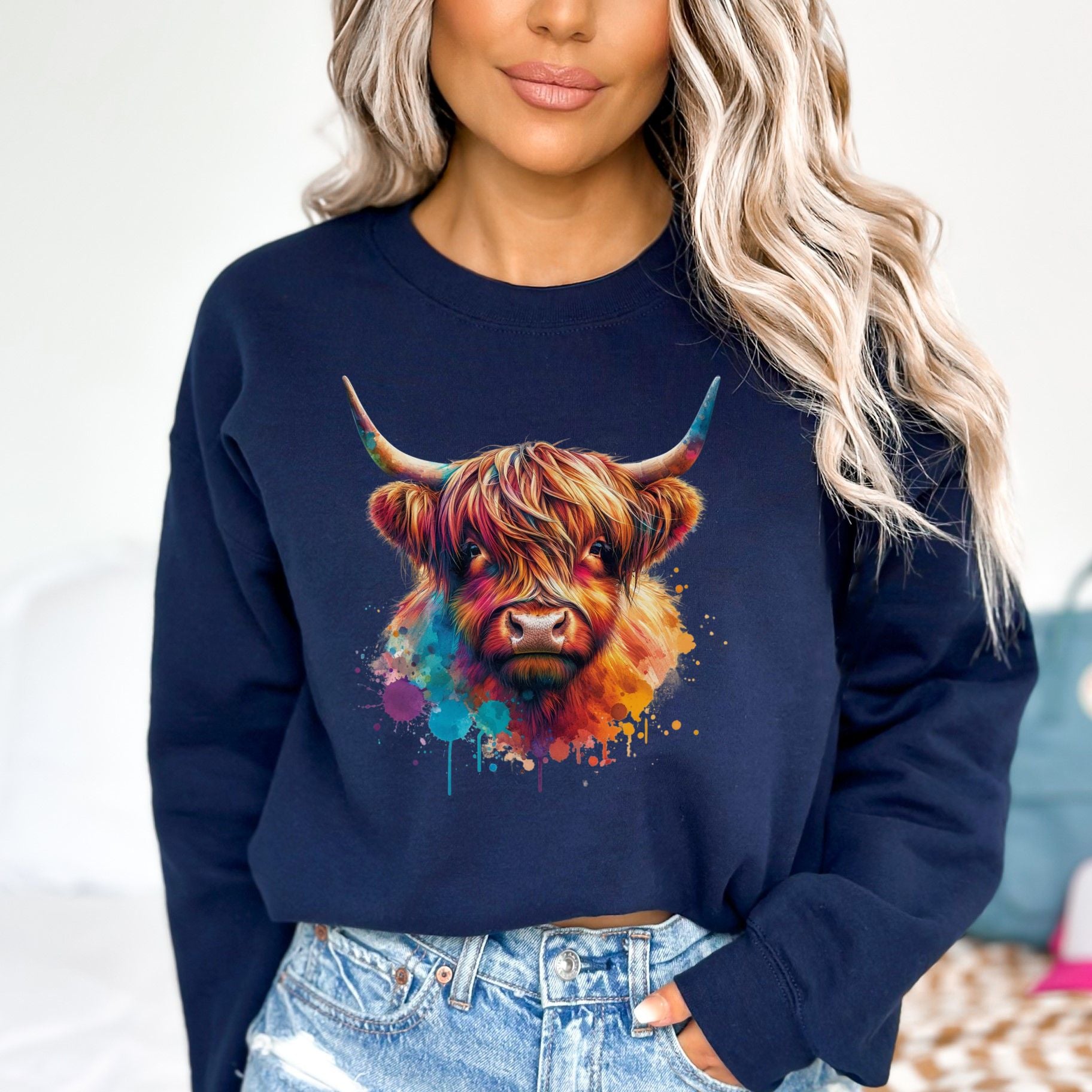 Highland cow Color Splash Unisex Sweatshirt Black Navy Dark Heather-Navy-Family-Gift-Planet