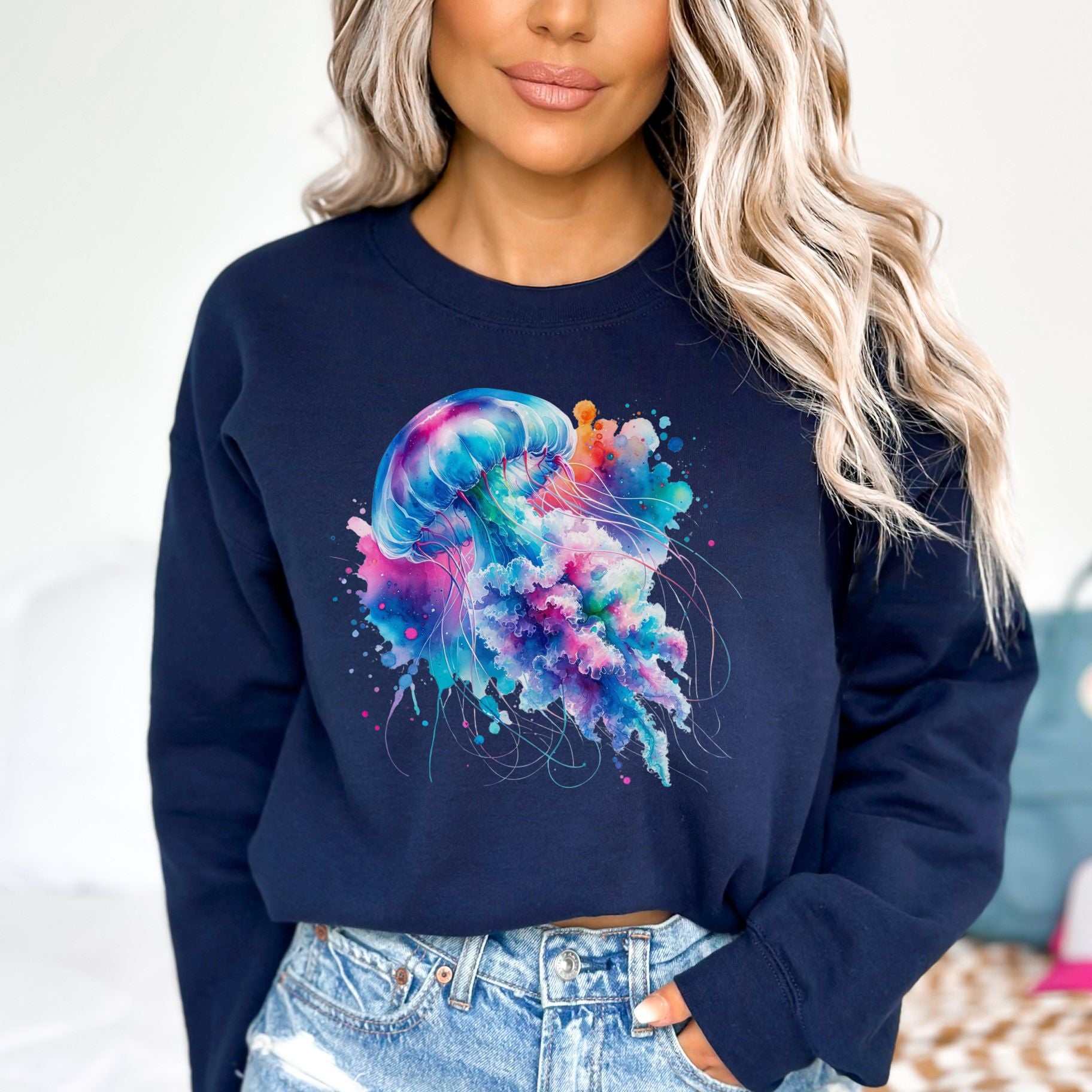 Jellyfish Color Splash Unisex Sweatshirt Black Navy Dark Heather-Navy-Family-Gift-Planet