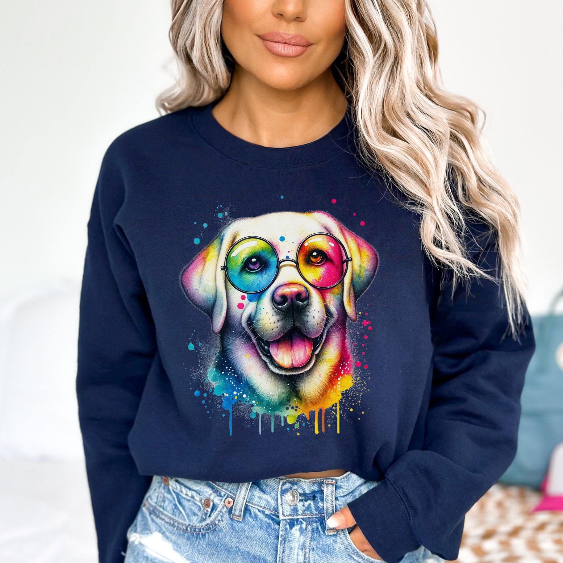 Labrador with eyeglasses Color Splash Unisex Sweatshirt Black Navy Dark Heather-Navy-Family-Gift-Planet