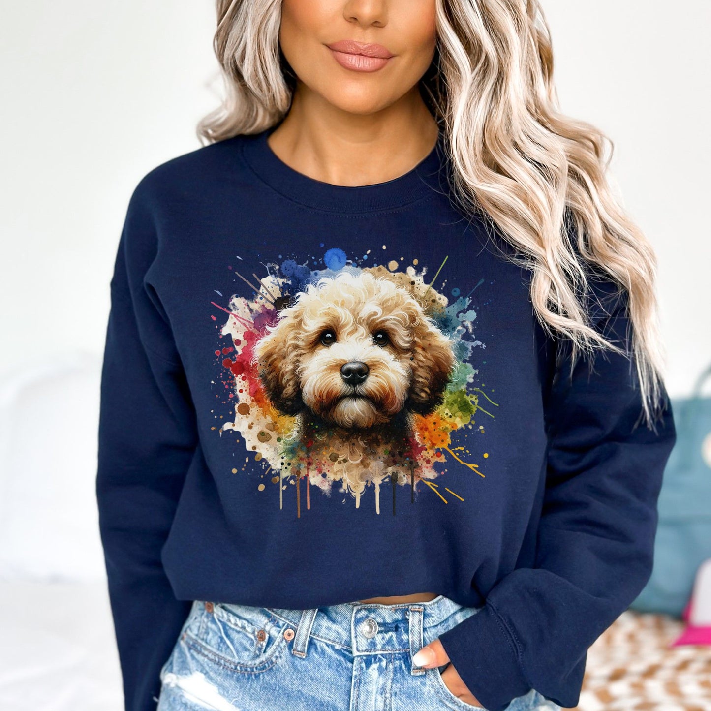 Artistic Lagotto Romagnolo Color Splash Unisex Sweatshirt Black Navy Dark Heather-Navy-Family-Gift-Planet