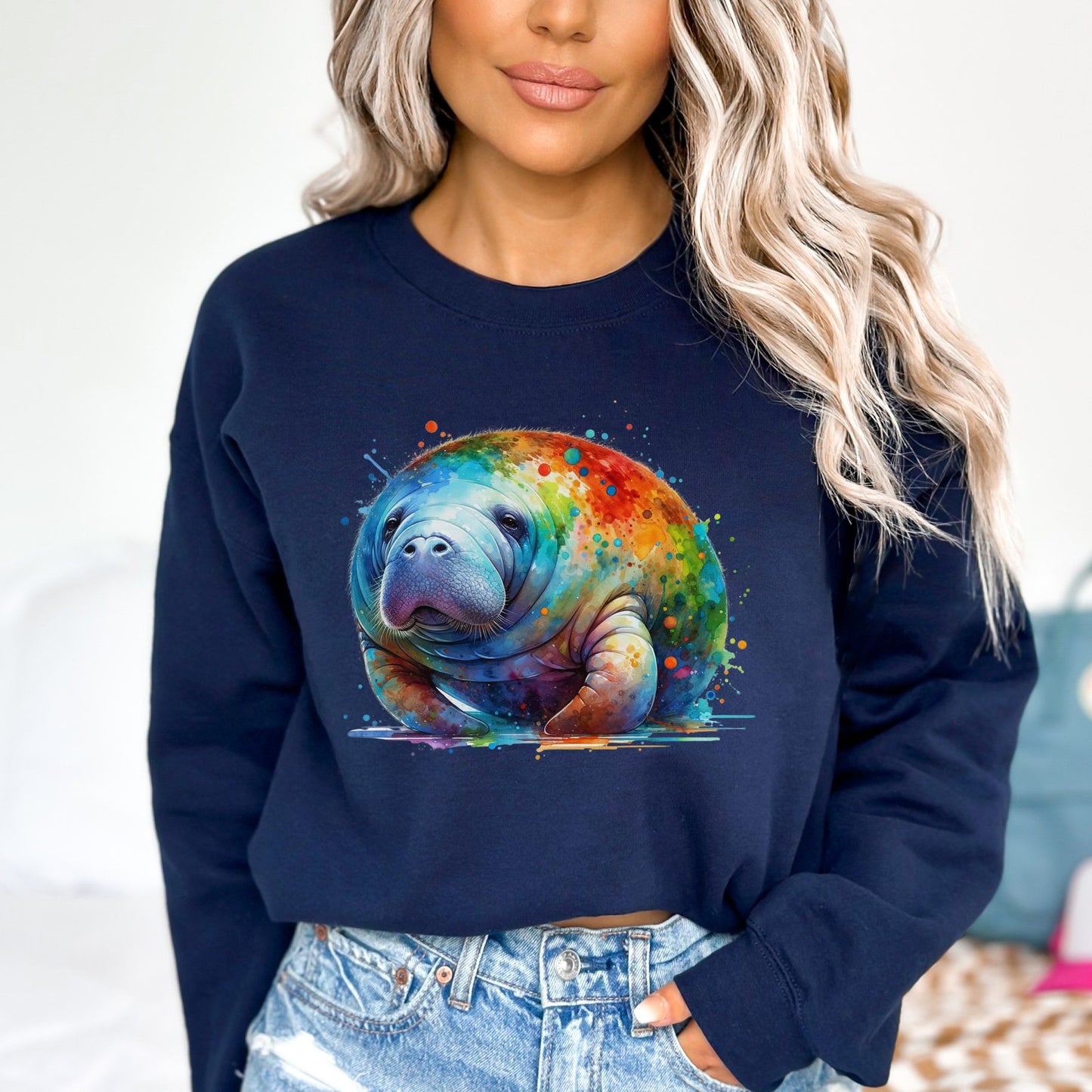 Artistic Manatee Color Splash Unisex Sweatshirt Black Navy Dark Heather-Navy-Family-Gift-Planet