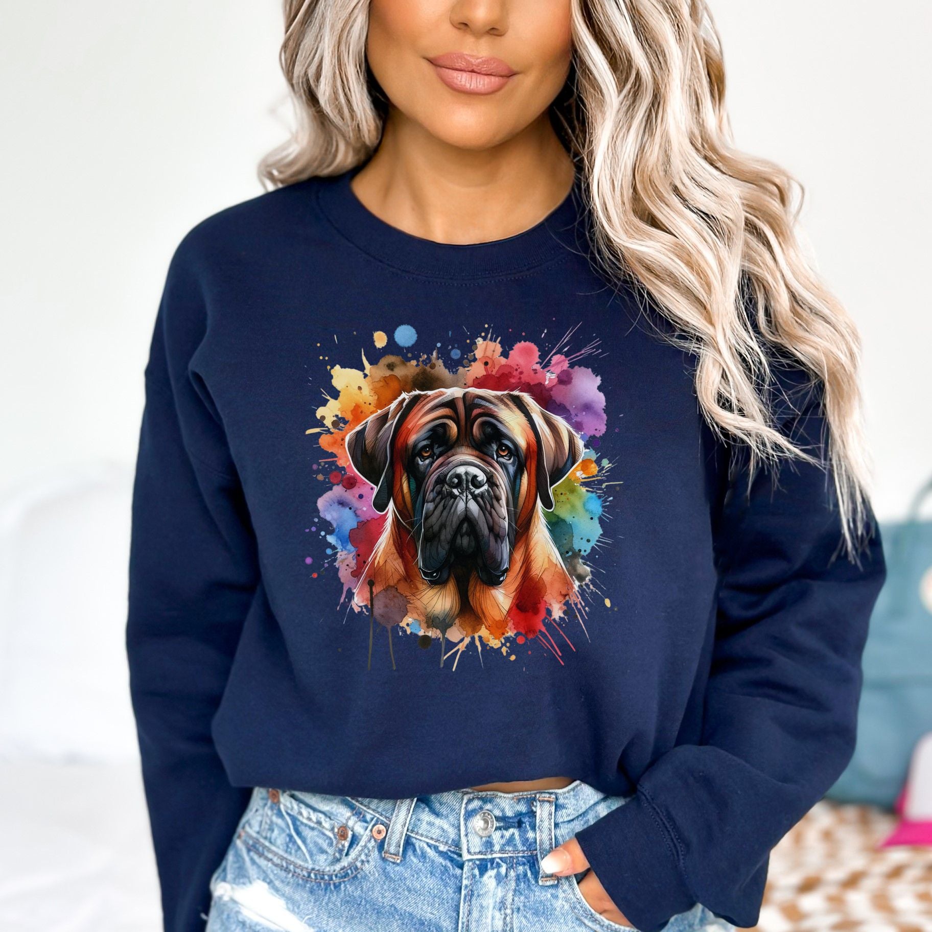 Artistic Mastiff dog Color Splash Unisex Sweatshirt Black Navy Dark Heather-Navy-Family-Gift-Planet