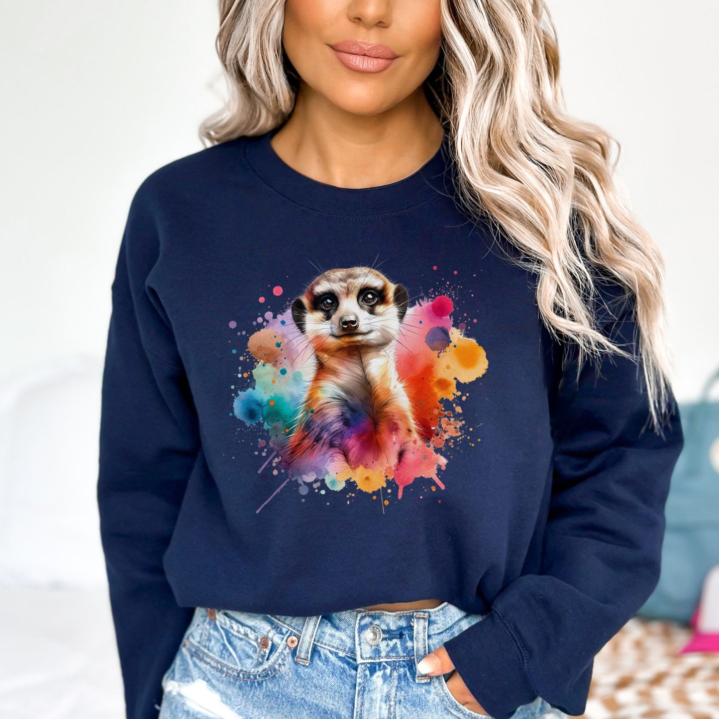 Artistic Meerkat Color Splash Unisex Sweatshirt Black Navy Dark Heather-Navy-Family-Gift-Planet