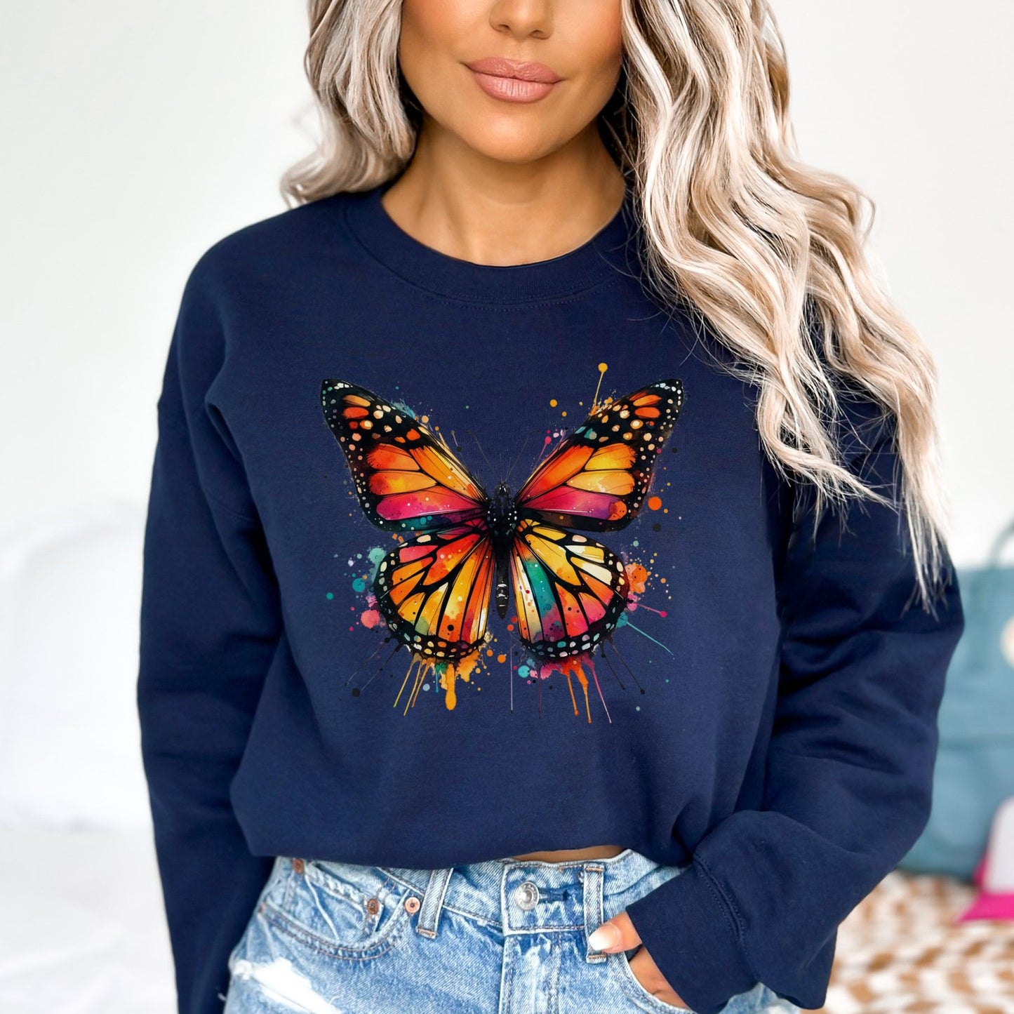 Monarch Butterfly Color Splash Unisex Sweatshirt Black Navy Dark Heather-Navy-Family-Gift-Planet