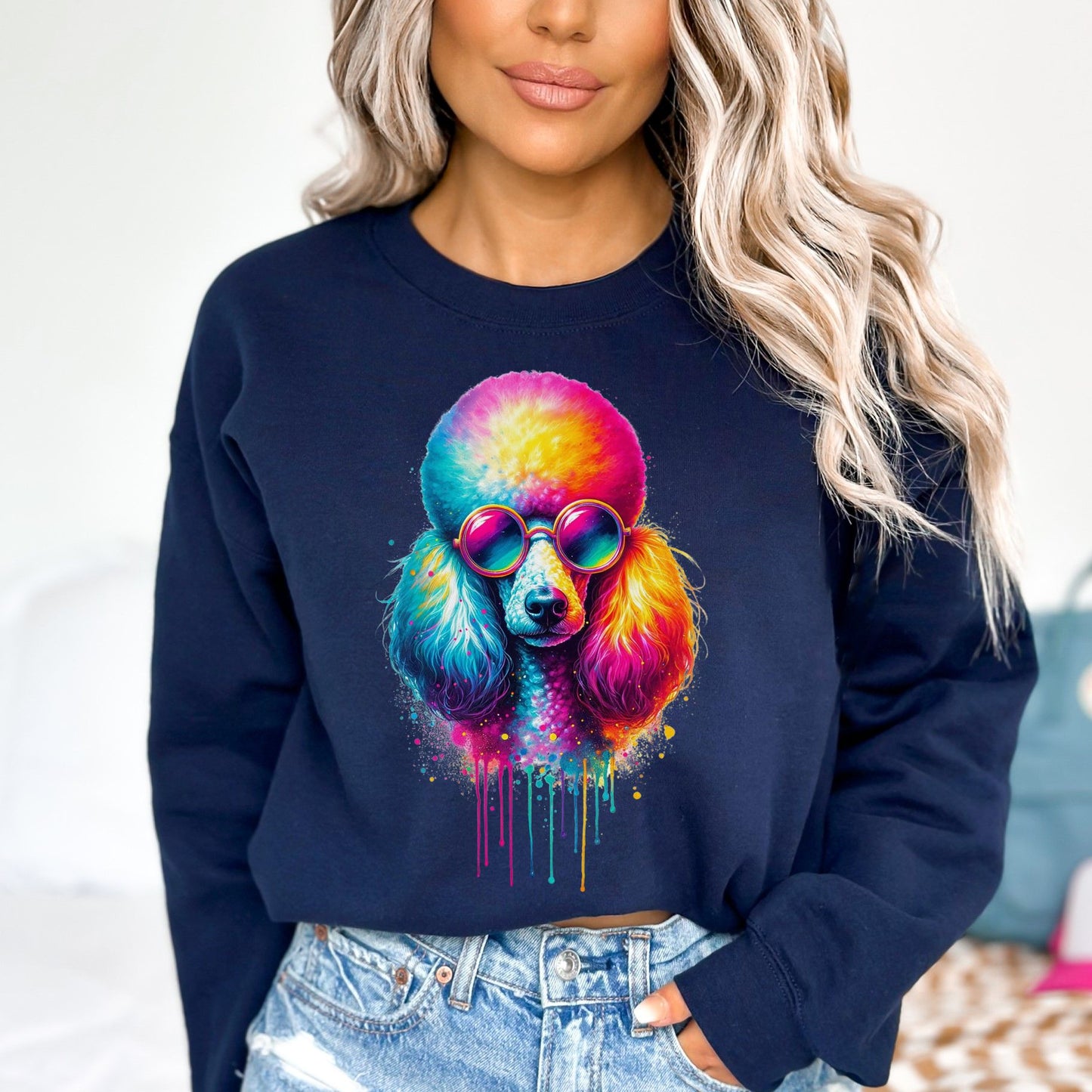 Neon Poodle Color Splash Unisex Sweatshirt Black Navy Dark Heather-Navy-Family-Gift-Planet