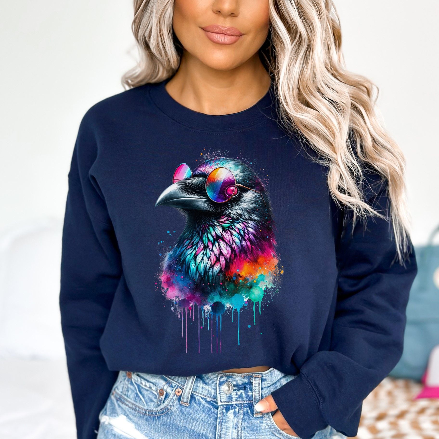 Neon Raven Color Splash Unisex Sweatshirt Black Navy Dark Heather-Navy-Family-Gift-Planet