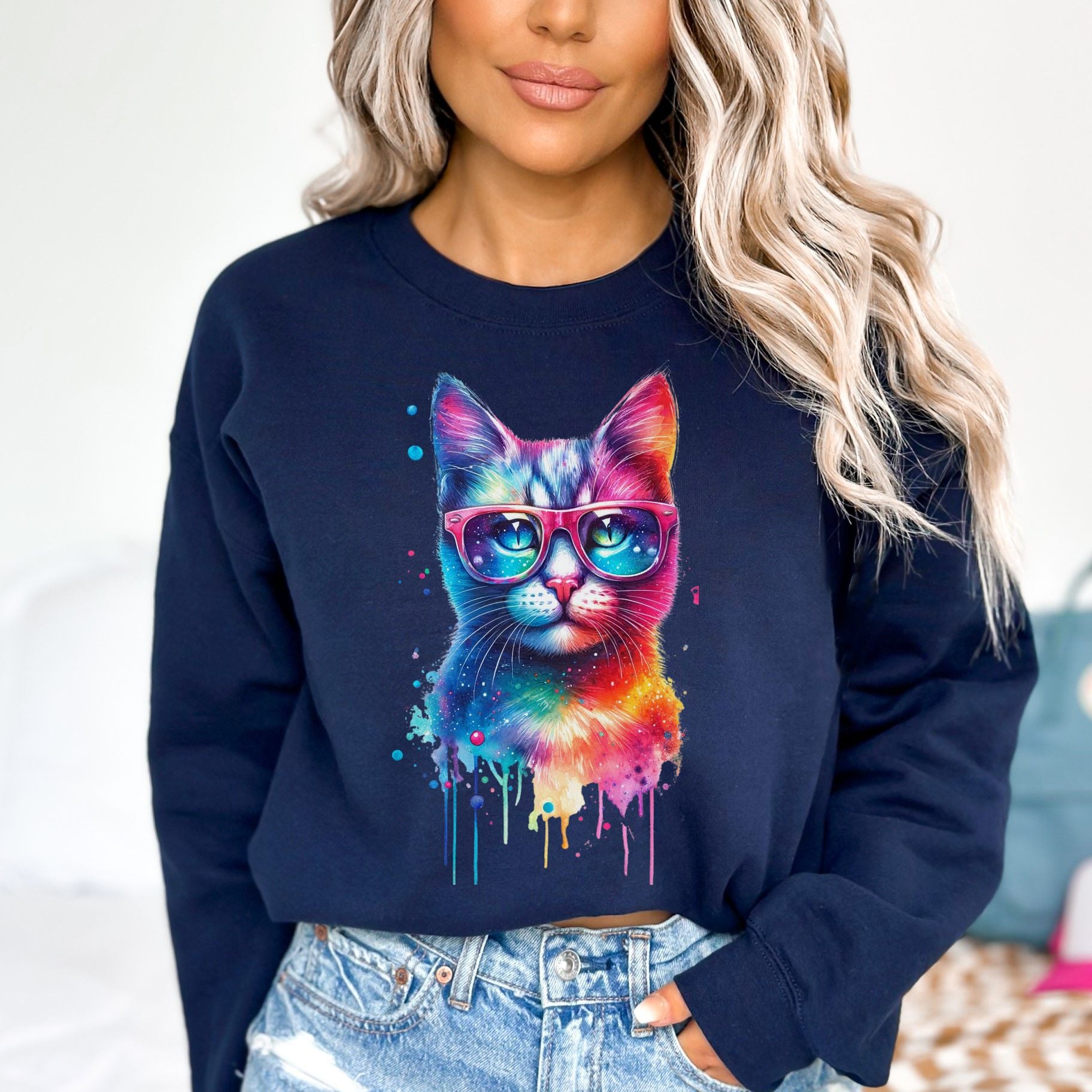 Neon cool cat Color Splash Unisex Sweatshirt Black Navy Dark Heather-Navy-Family-Gift-Planet