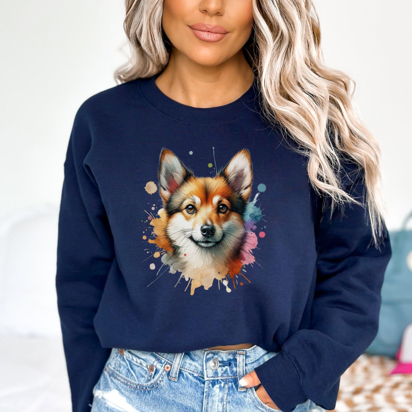 Norwegian Lundehund Dog mama Color Splash Unisex Sweatshirt Black Navy Dark Heather-Navy-Family-Gift-Planet