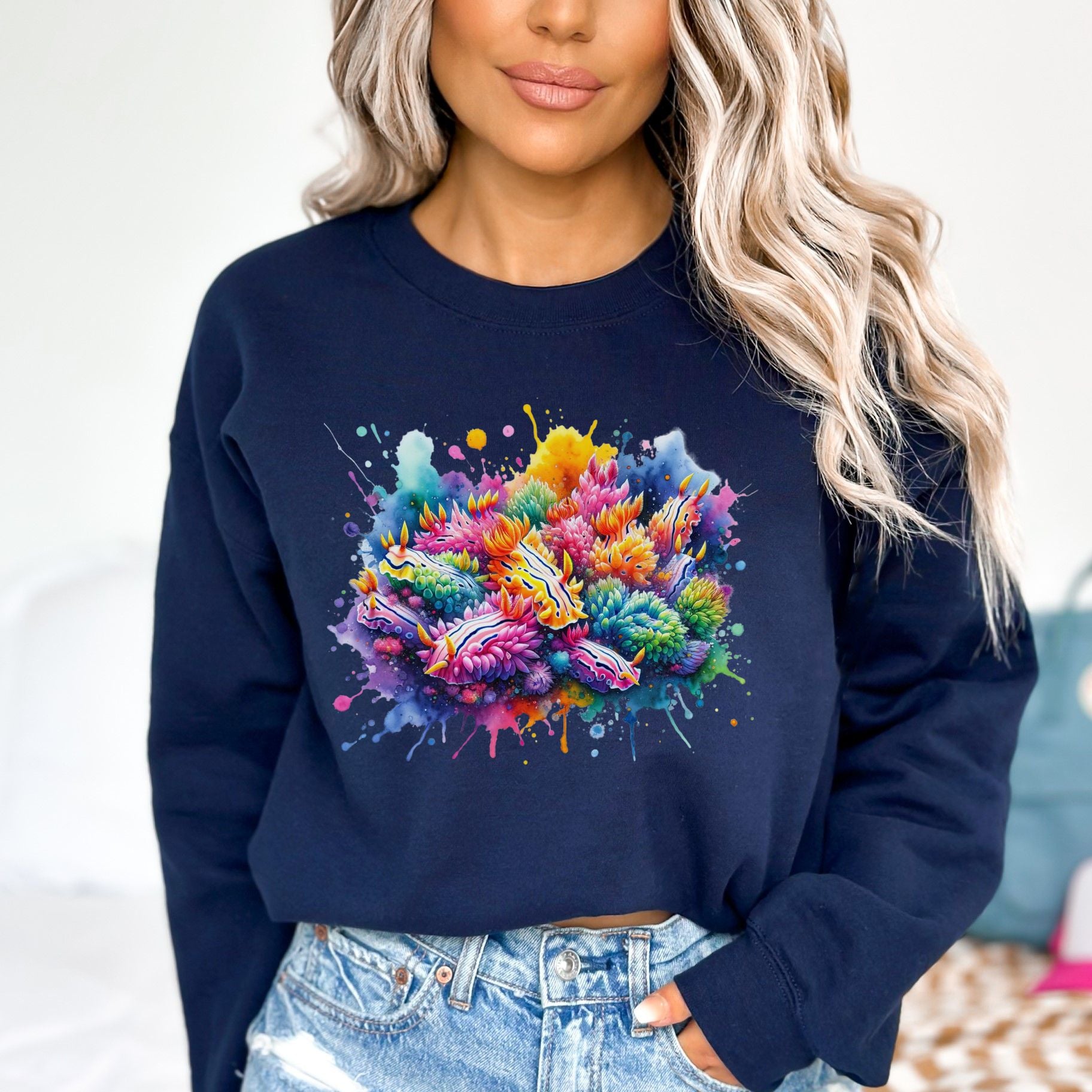 Nudibranchs Color Splash Unisex Sweatshirt Marine mollusks Black Navy Dark Heather-Navy-Family-Gift-Planet