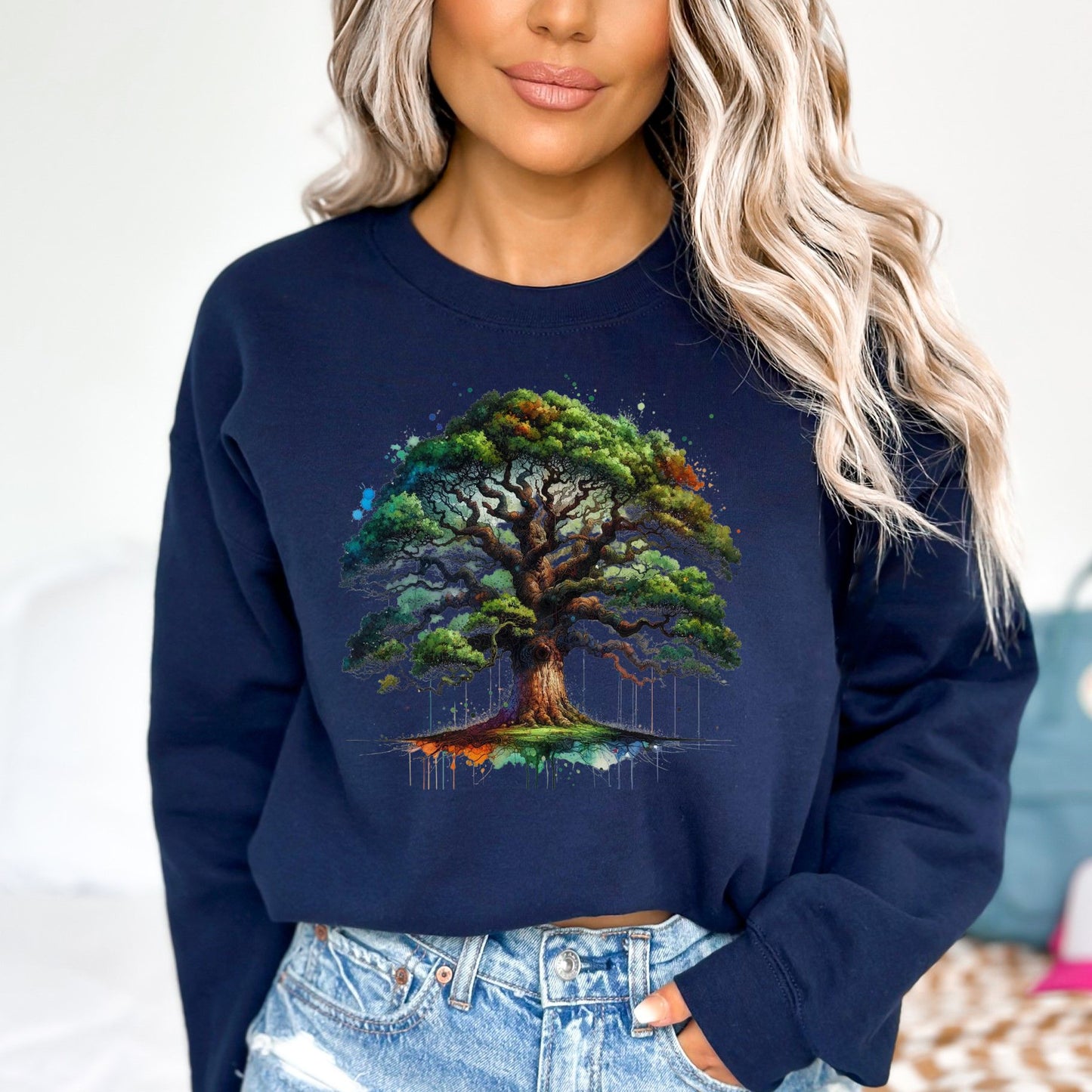 Artistic Oak Tree Color Splash Unisex Sweatshirt Black Navy Dark Heather-Navy-Family-Gift-Planet