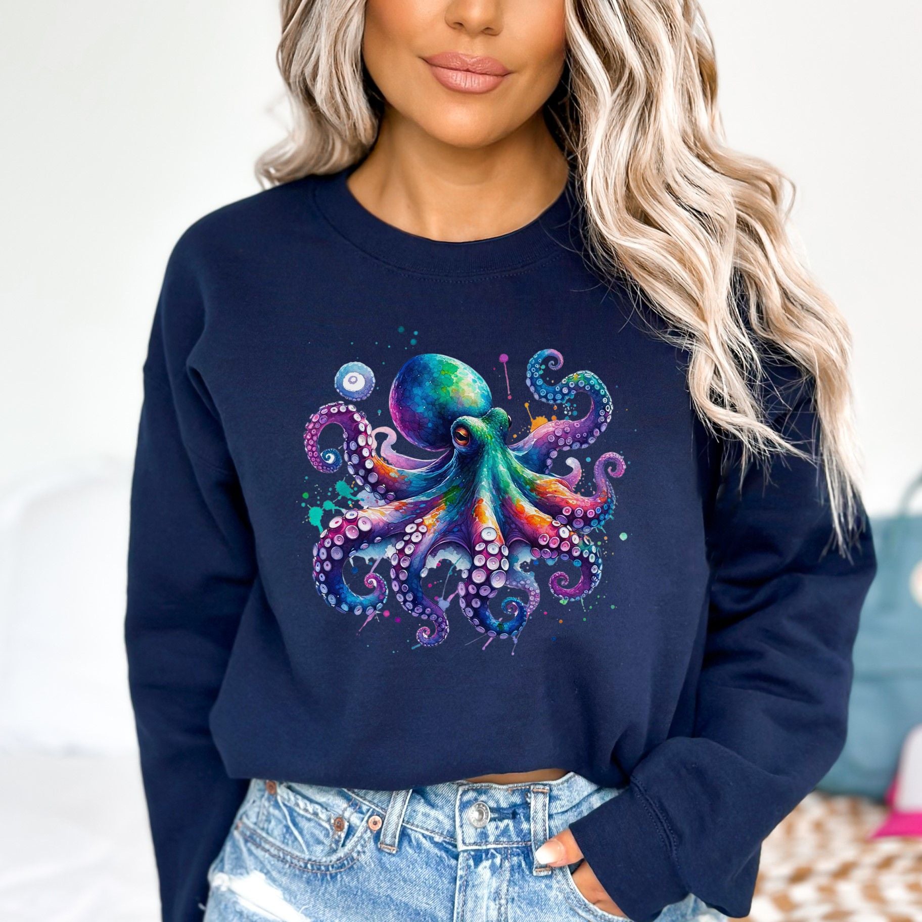 Octopus Color Splash Unisex Sweatshirt Black Navy Dark Heather-Navy-Family-Gift-Planet