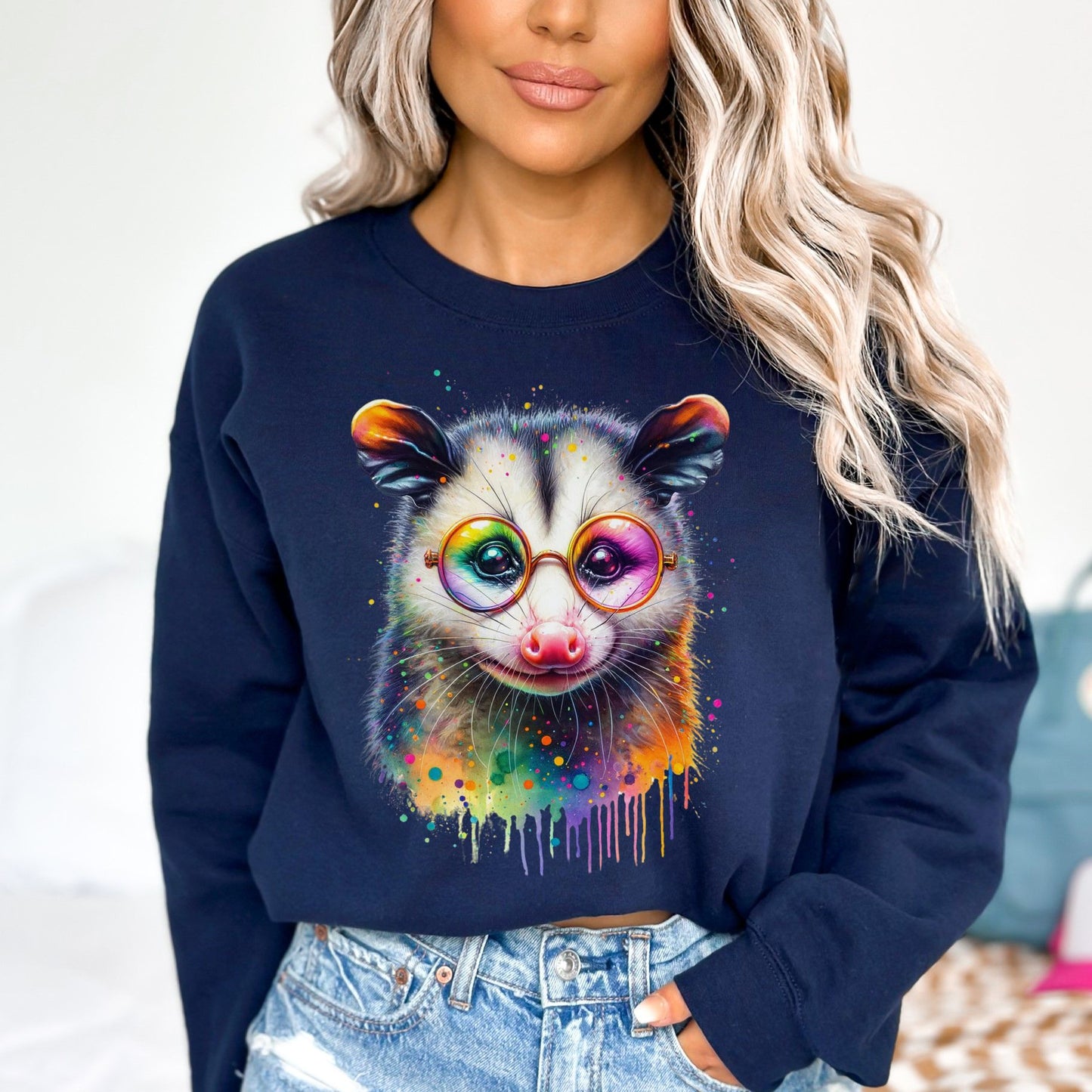Opossum with glasses Color Splash Unisex Sweatshirt Black Navy Dark Heather-Navy-Family-Gift-Planet