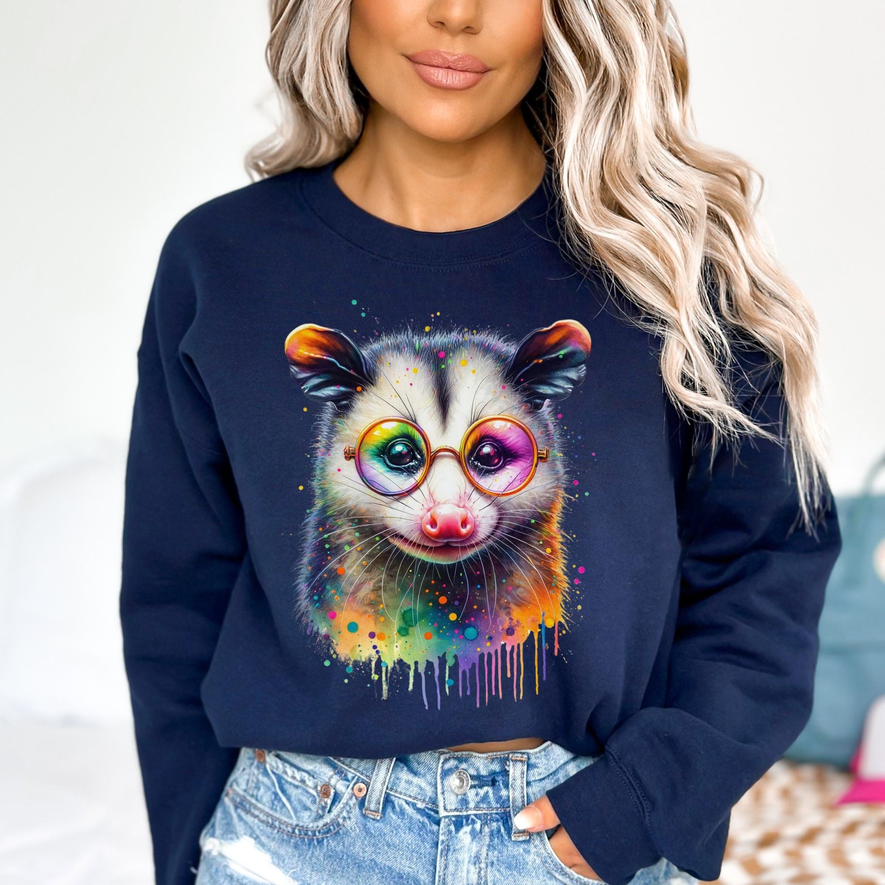 Opossum with glasses Color Splash Unisex Sweatshirt Black Navy Dark Heather-Family-Gift-Planet