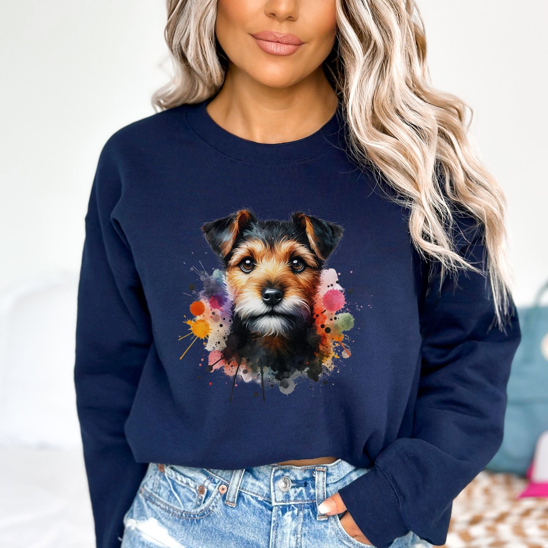 Patterdale Terrier mama Color Splash Unisex Sweatshirt Black Navy Dark Heather-Navy-Family-Gift-Planet