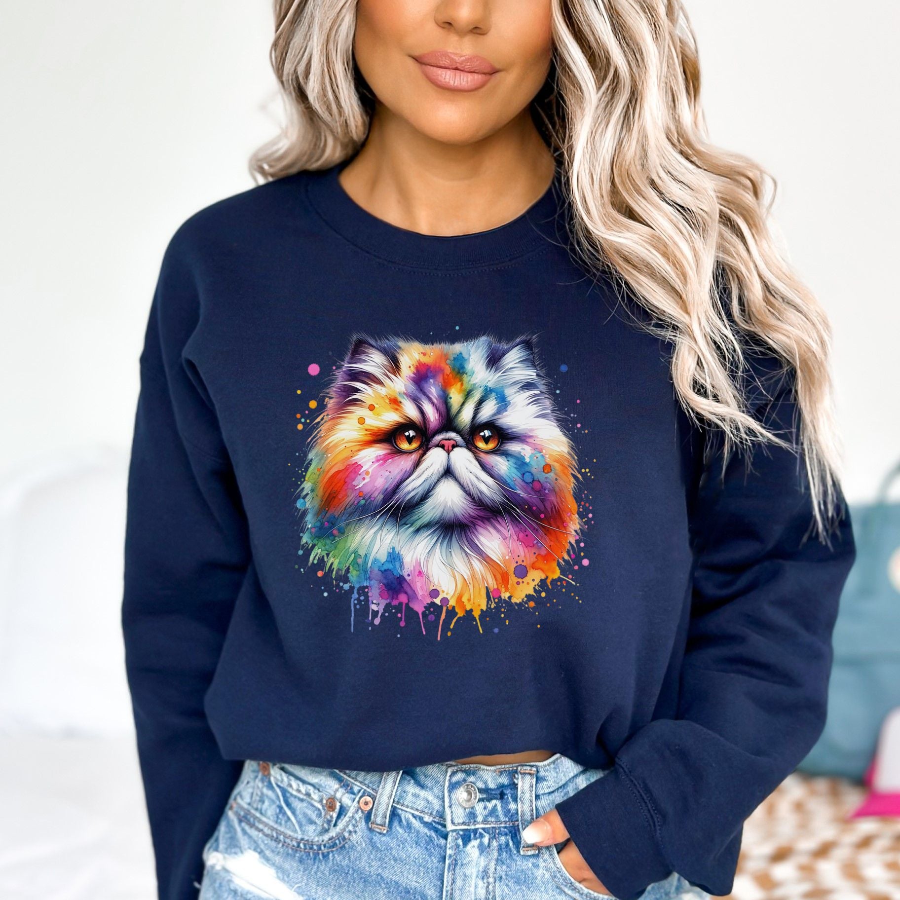 Persian Cat Color Splash Unisex Sweatshirt Black Navy Dark Heather-Navy-Family-Gift-Planet