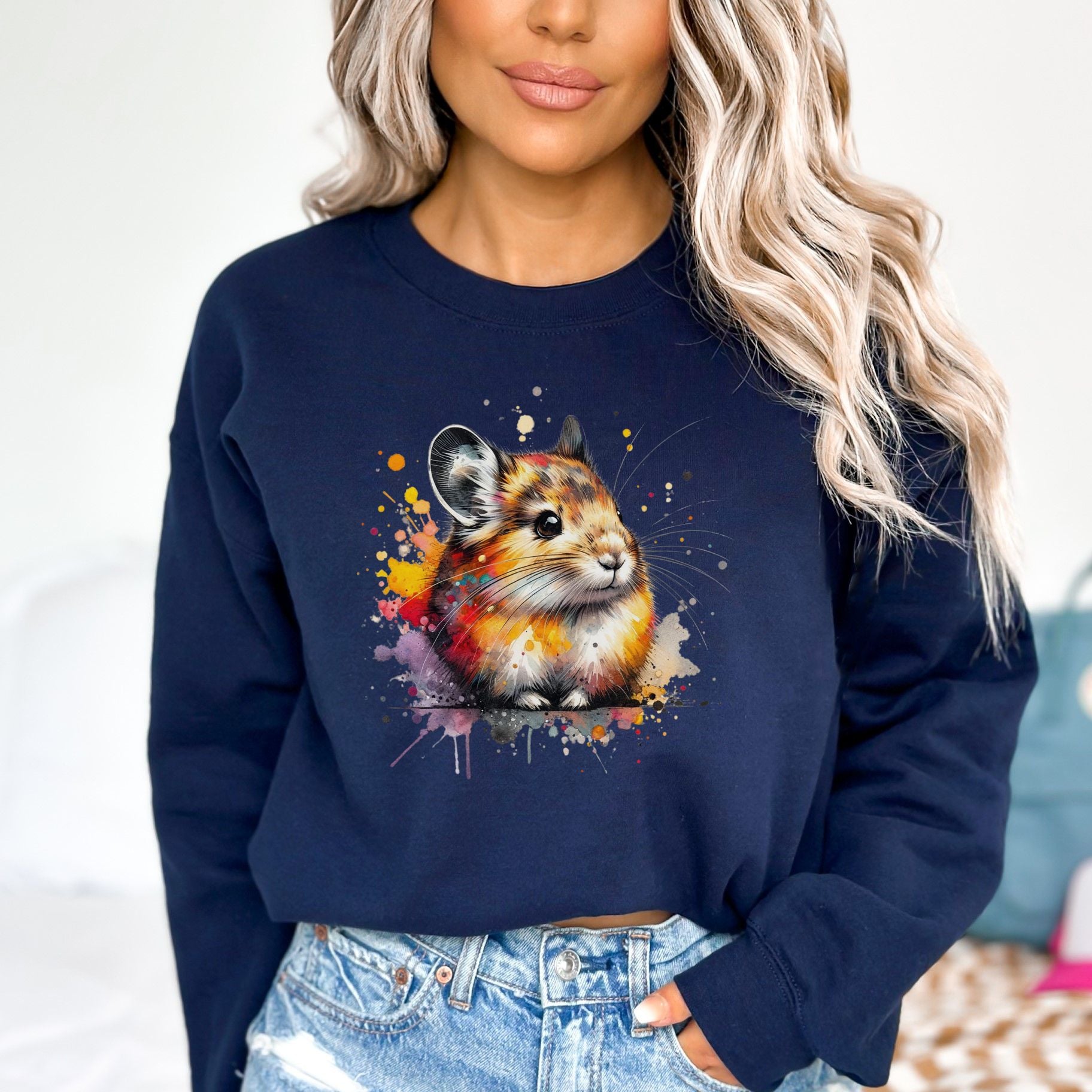 Artistic Pika Color Splash Unisex Sweatshirt Black Navy Dark Heather-Navy-Family-Gift-Planet