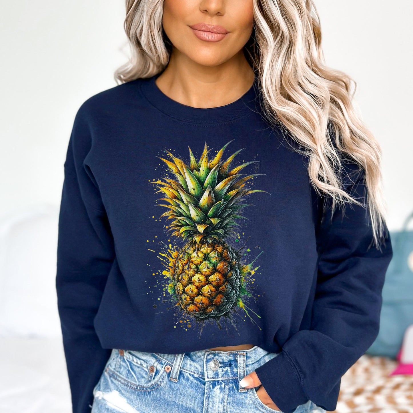 Artistic Pineapple Color Splash Unisex Sweatshirt Black Navy Dark Heather-Family-Gift-Planet