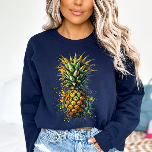 Artistic Pineapple Color Splash Unisex Sweatshirt Black Navy Dark Heather-Navy-Family-Gift-Planet