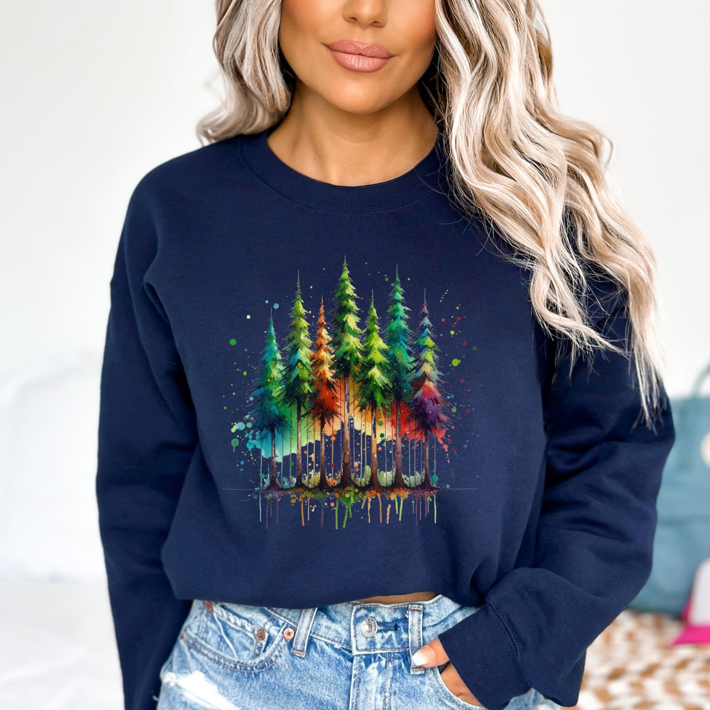 Mysterious Pine tree forest Color Splash Unisex Sweatshirt Black Navy Dark Heather-Navy-Family-Gift-Planet