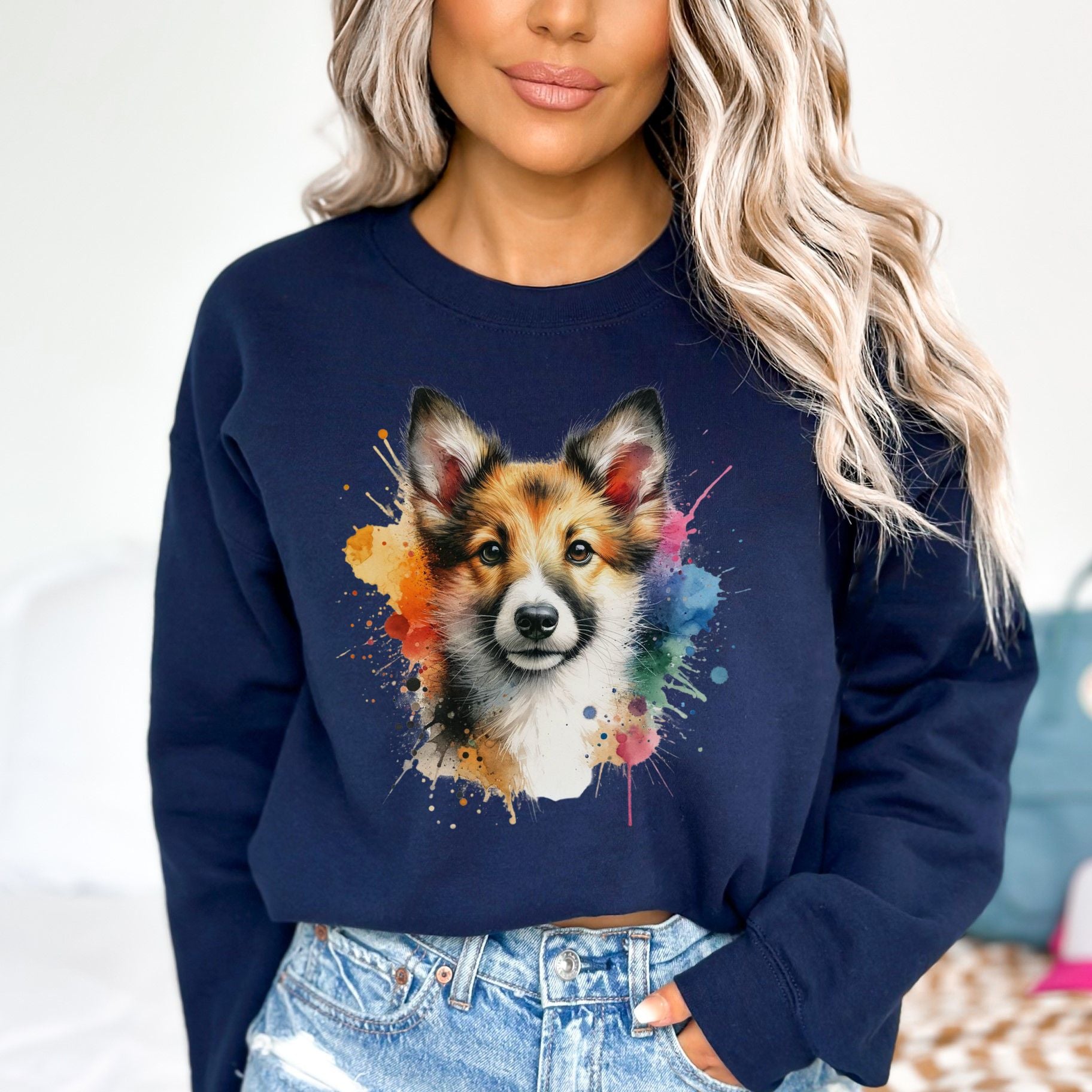 Portuguese Podengo dog mom Color Splash Unisex Sweatshirt Black Navy Dark Heather-Navy-Family-Gift-Planet