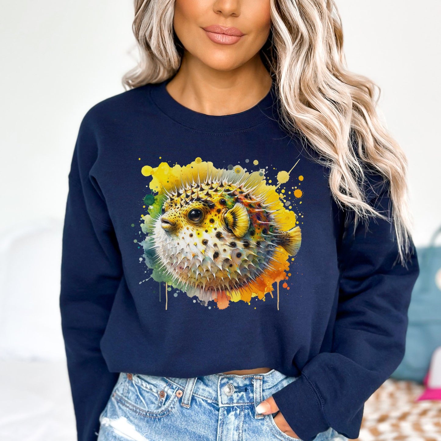 Vibrant Pufferfish Color Splash Unisex Sweatshirt Black Navy Dark Heather-Navy-Family-Gift-Planet