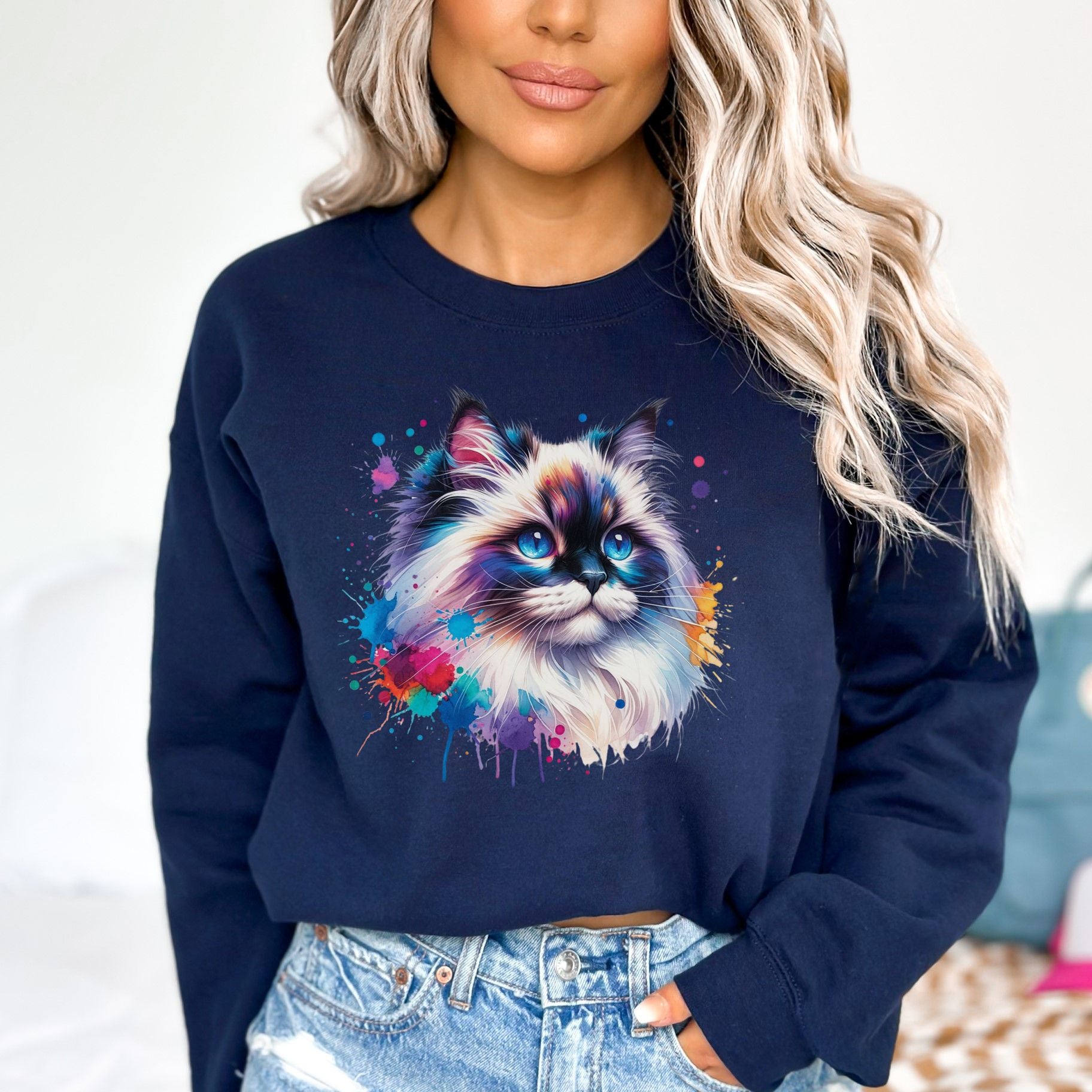 Ragdoll Cat Color Splash Unisex Sweatshirt Black Navy Dark Heather-Navy-Family-Gift-Planet