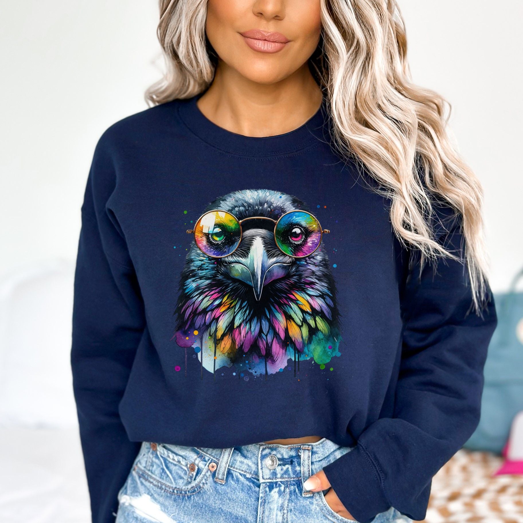 Raven with Glasses Color Splash Unisex Sweatshirt Black Navy Dark Heather-Navy-Family-Gift-Planet