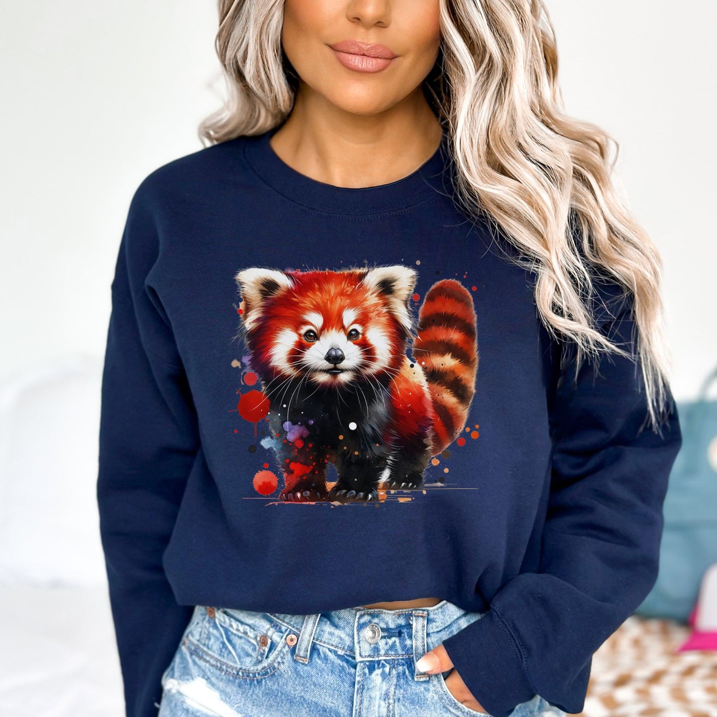 Artistic Red Panda Color Splash Unisex Sweatshirt Black Navy Dark Heather-Family-Gift-Planet