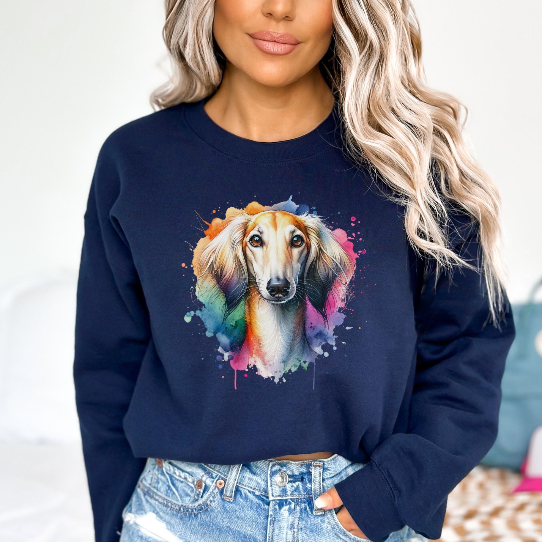 Saluki Dog mom Color Splash Unisex Sweatshirt Black Navy Dark Heather-Navy-Family-Gift-Planet