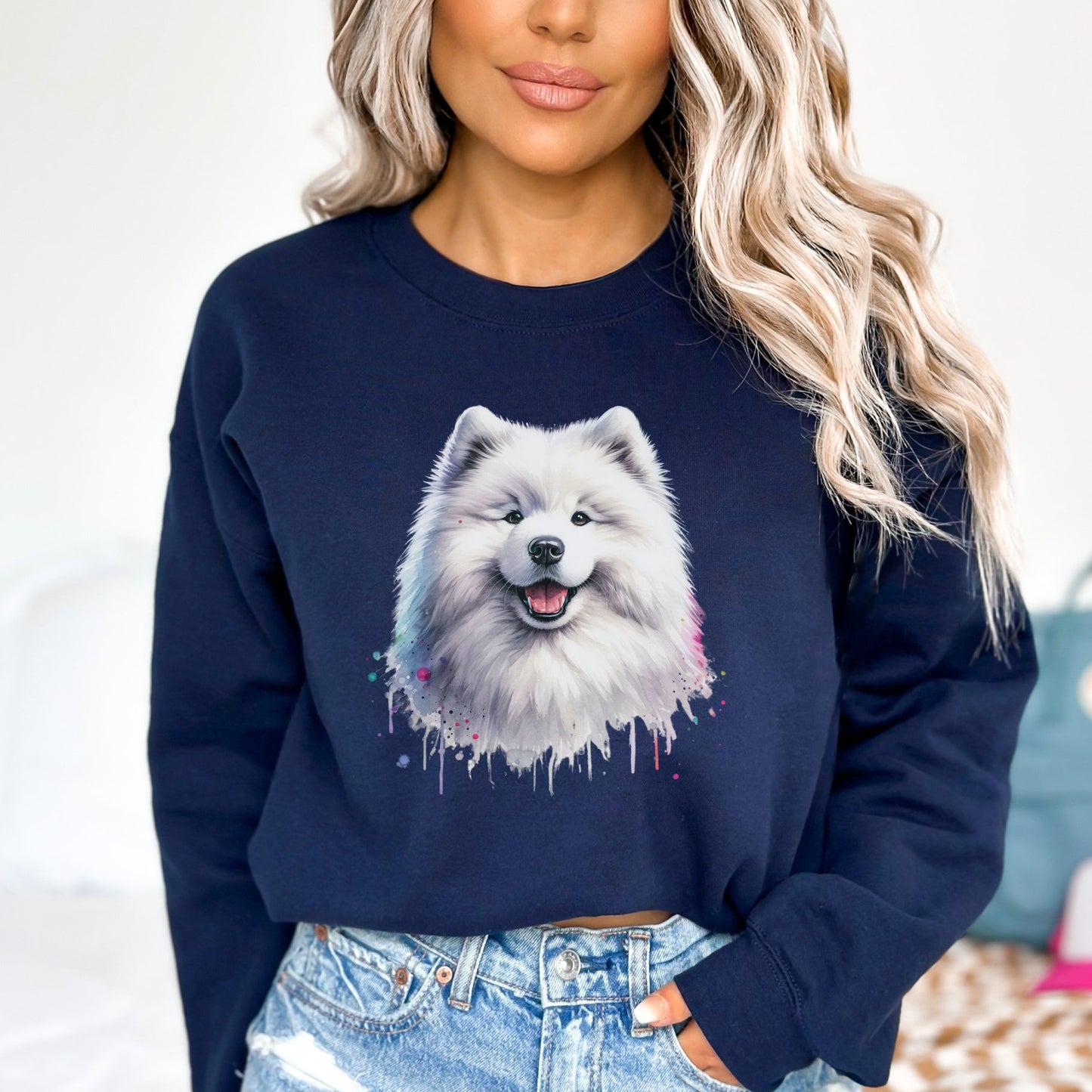 Samoyed dog mom Color Splash Unisex Sweatshirt Black Navy Dark Heather-Navy-Family-Gift-Planet