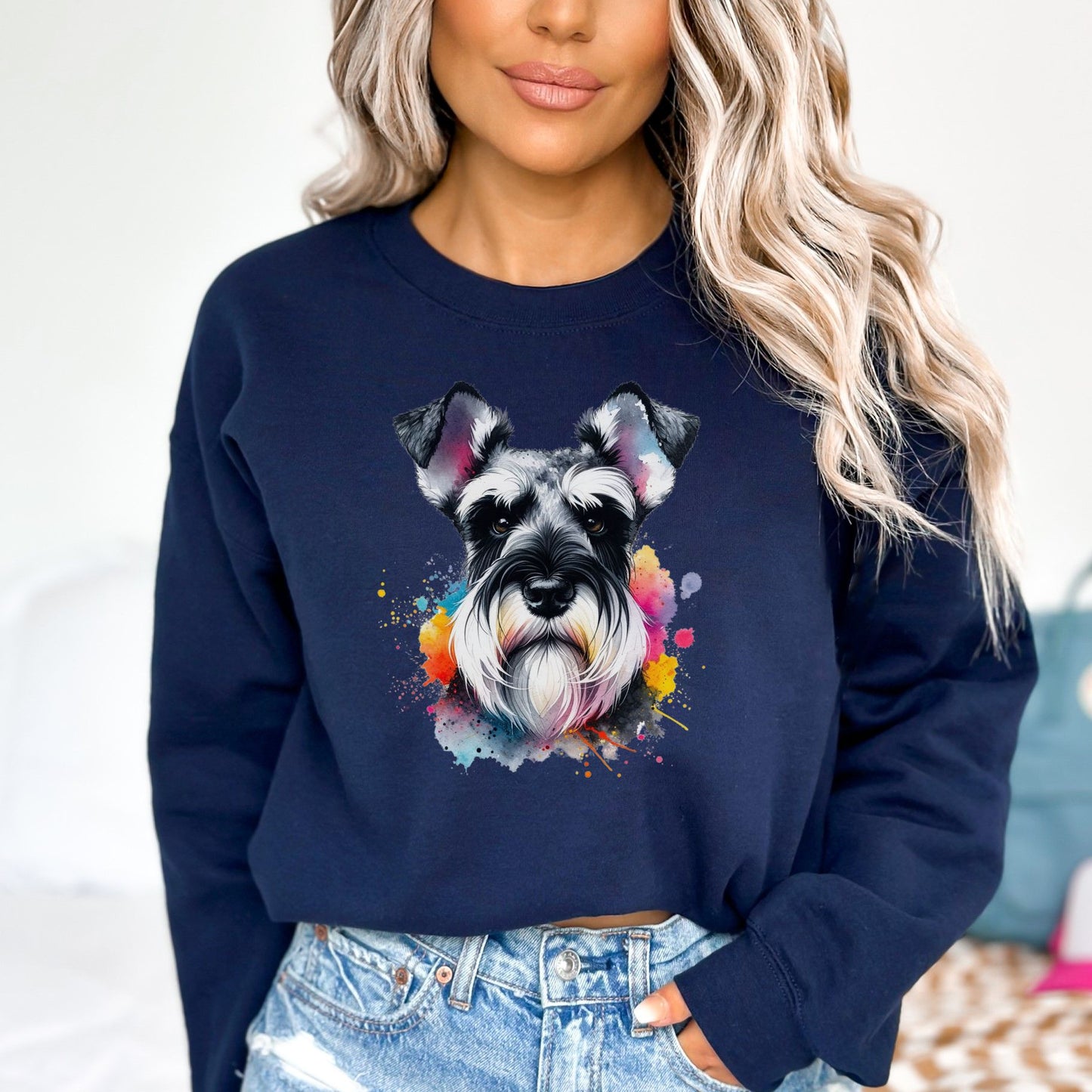 Schnauzer dog mama Color Splash Unisex Sweatshirt Black Navy Dark Heather-Navy-Family-Gift-Planet