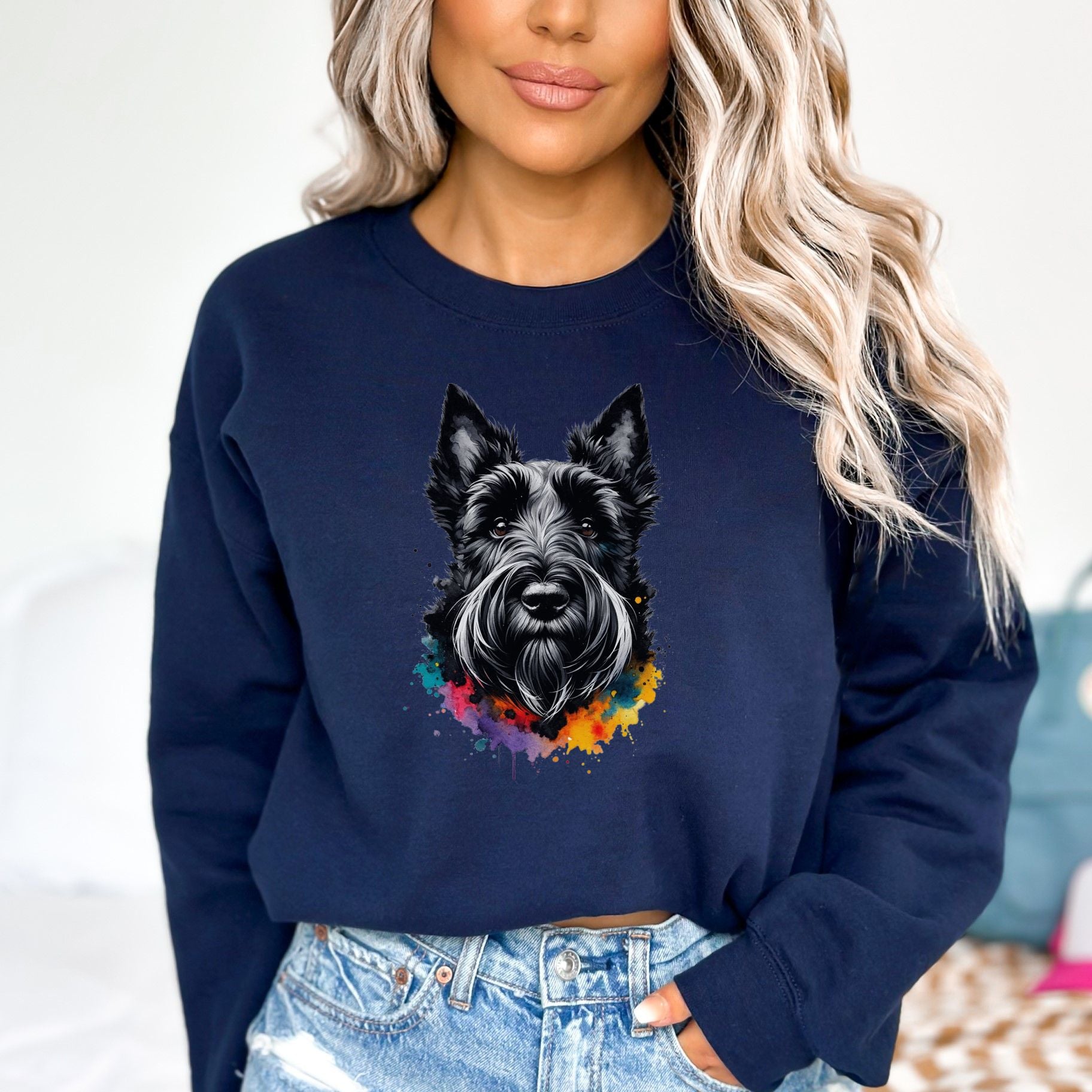 Scottish Terrier dog mom Color Splash Unisex Sweatshirt Black Navy Dark Heather-Navy-Family-Gift-Planet